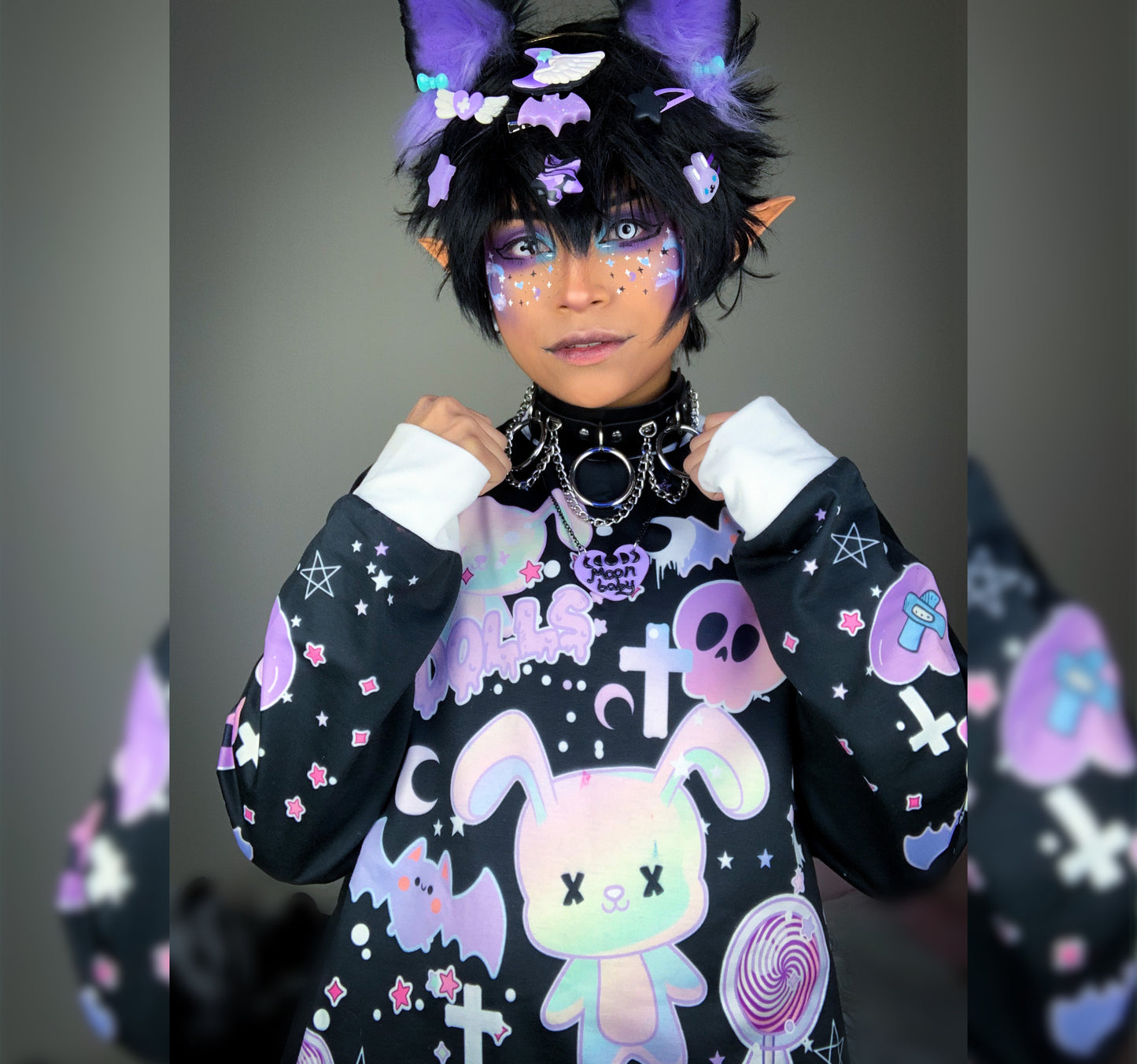 Youth model wearing a kawaii goth sweatshirt