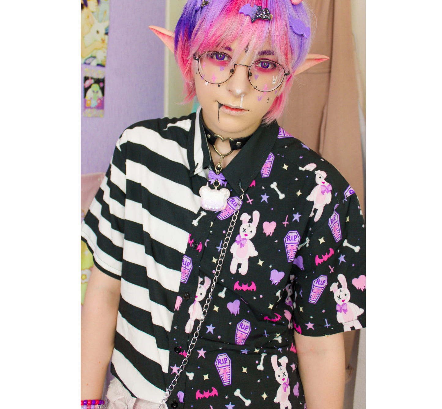 Youth model wearing a kawaii pastel goth shirt