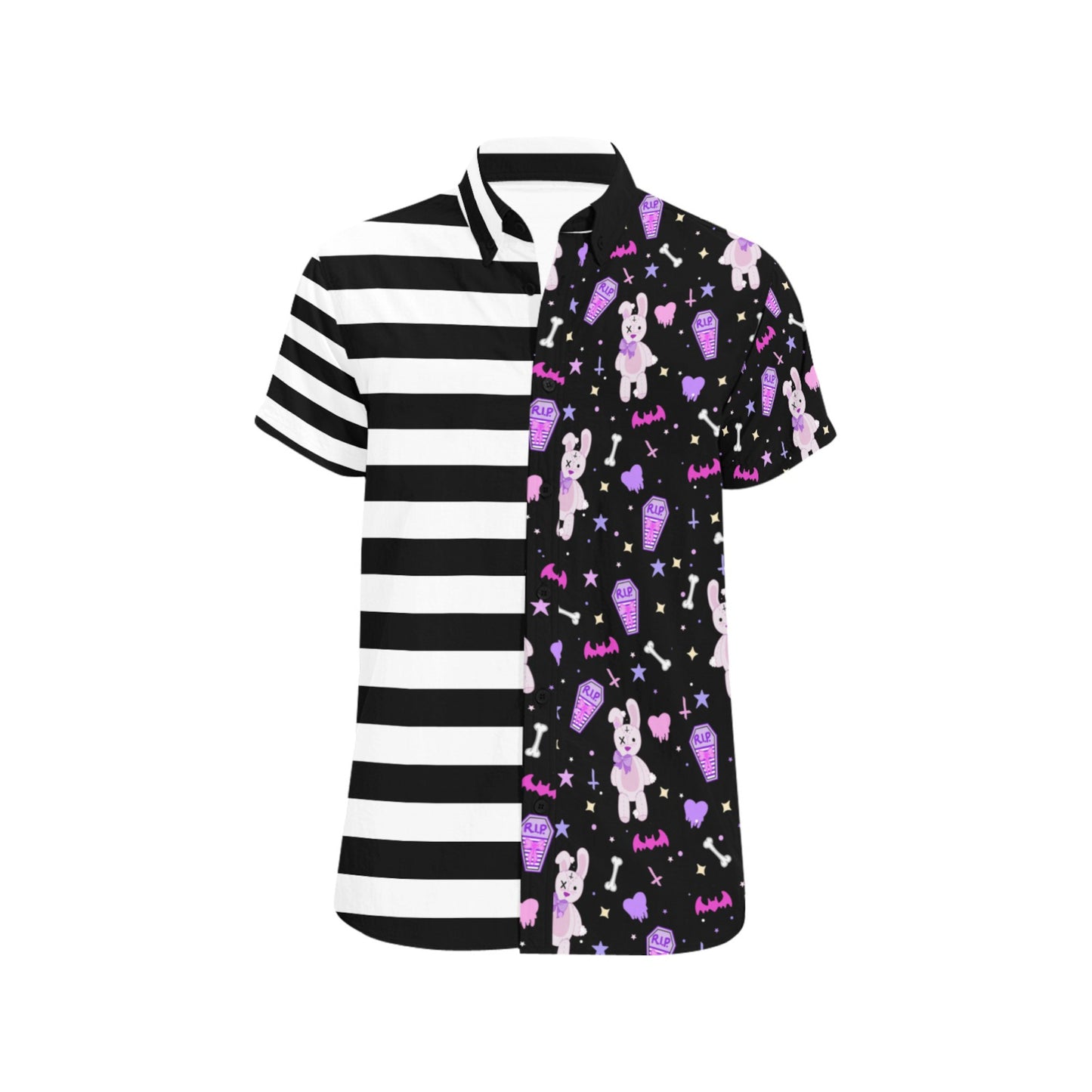 White and black pastel goth shirt displayed on clean white background.