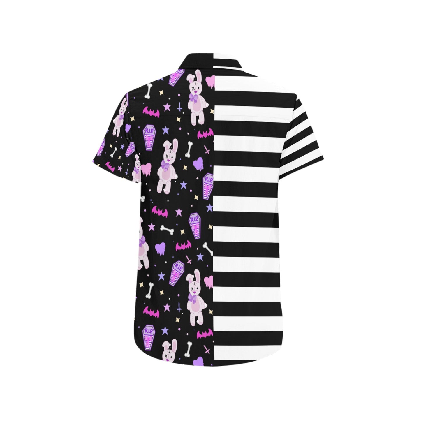White and black pastel goth shirt displayed on clean white background.
