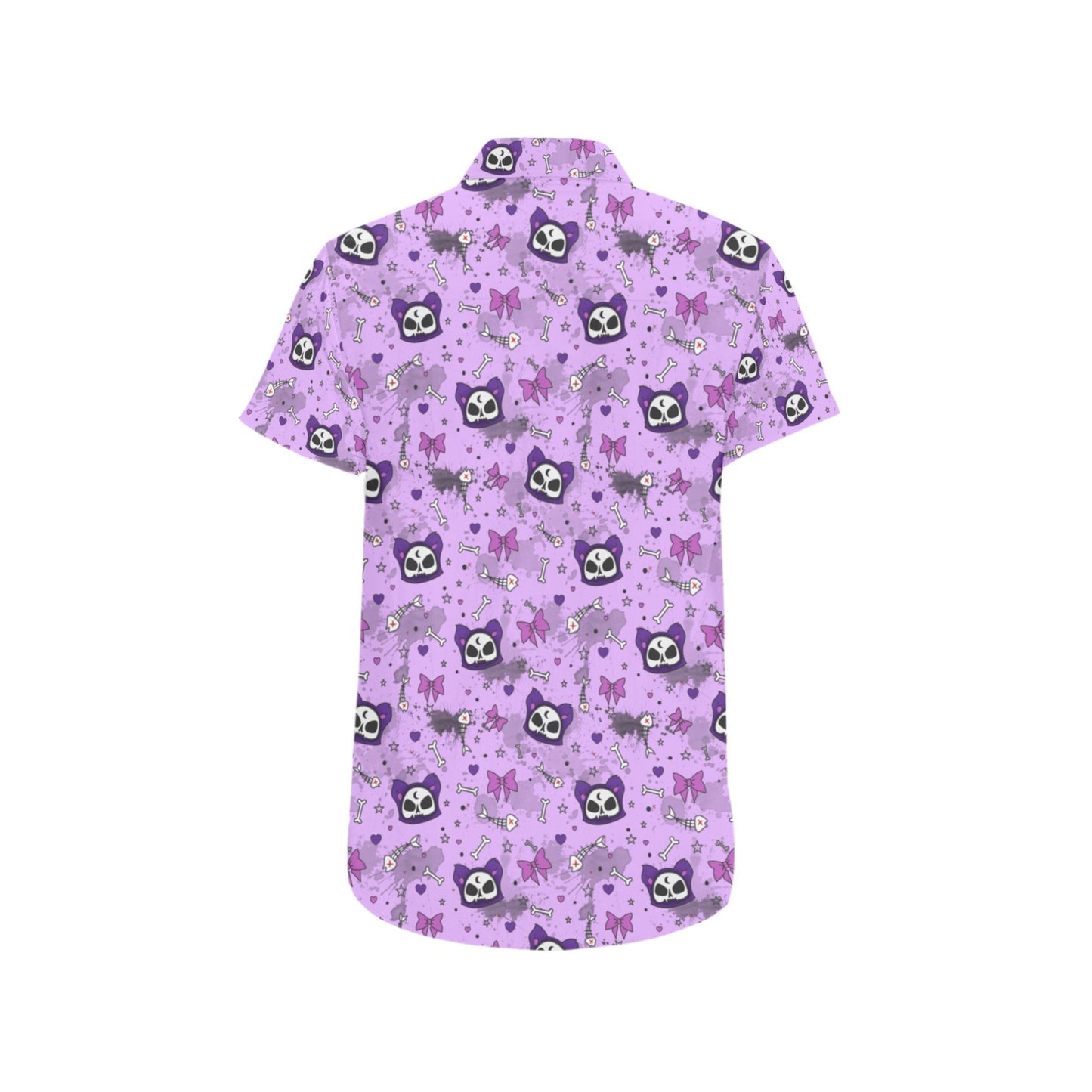 Purple pastel goth button up shirt with cats displayed on clean white