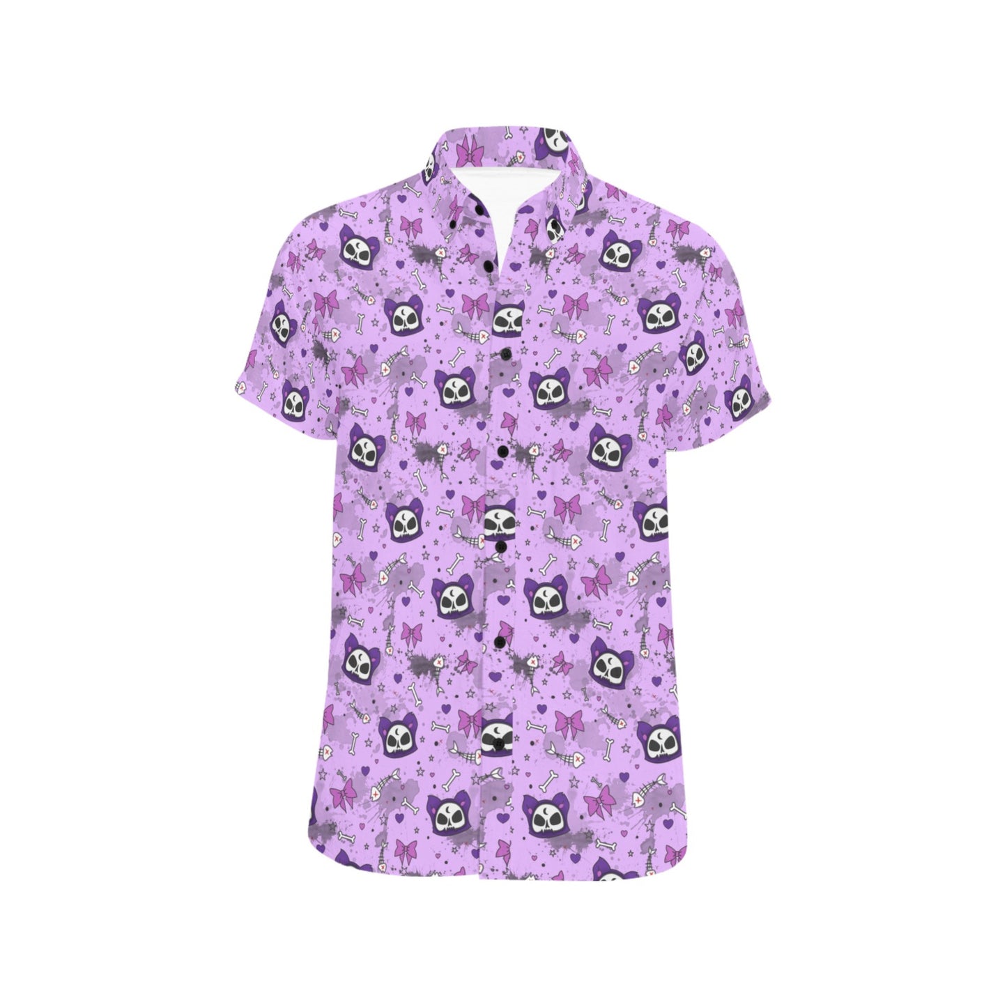 Purple pastel goth button up shirt with cats displayed on clean white background.