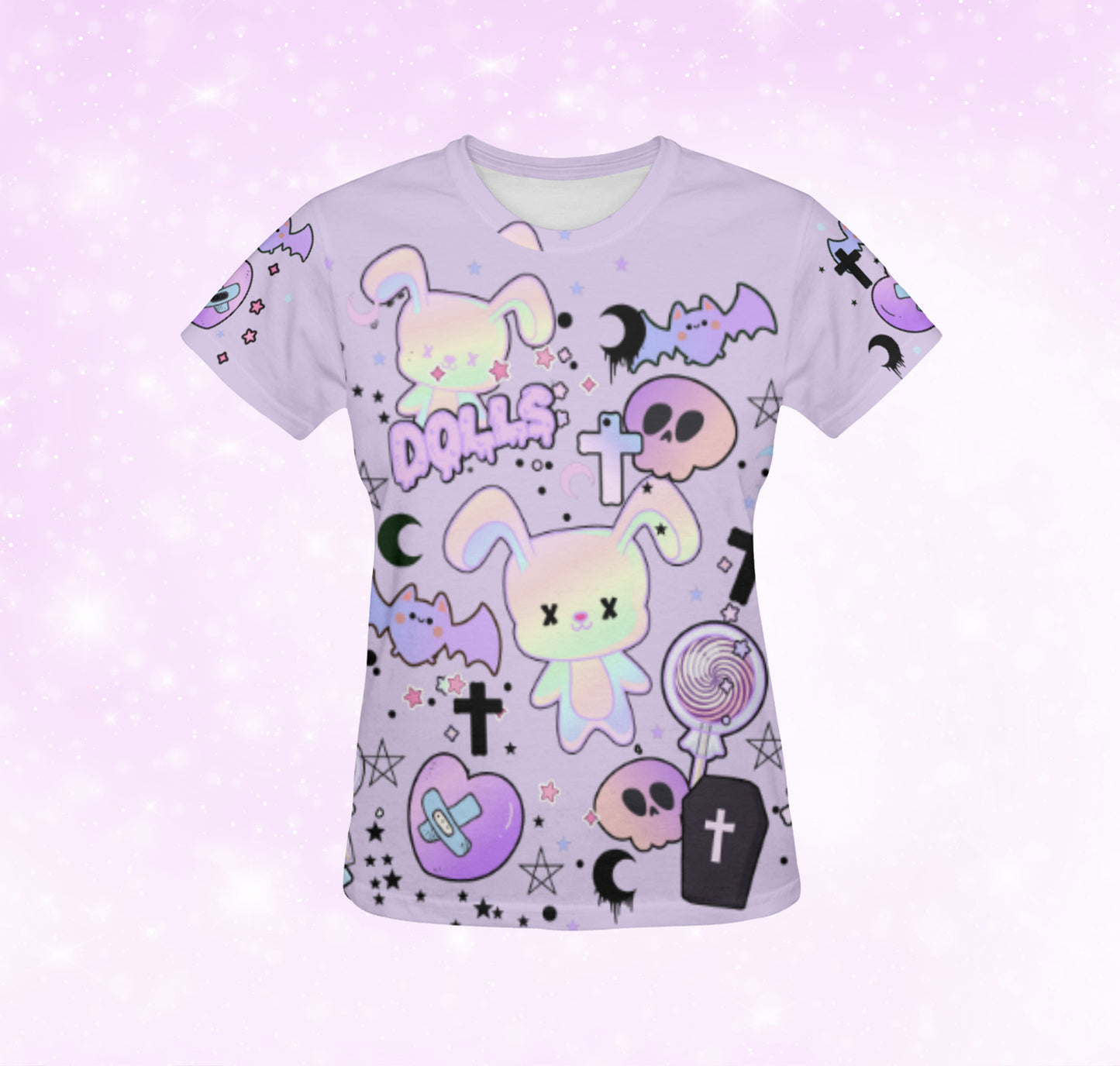 Pastel goth t-shirt with skull and bunny print on coloured background