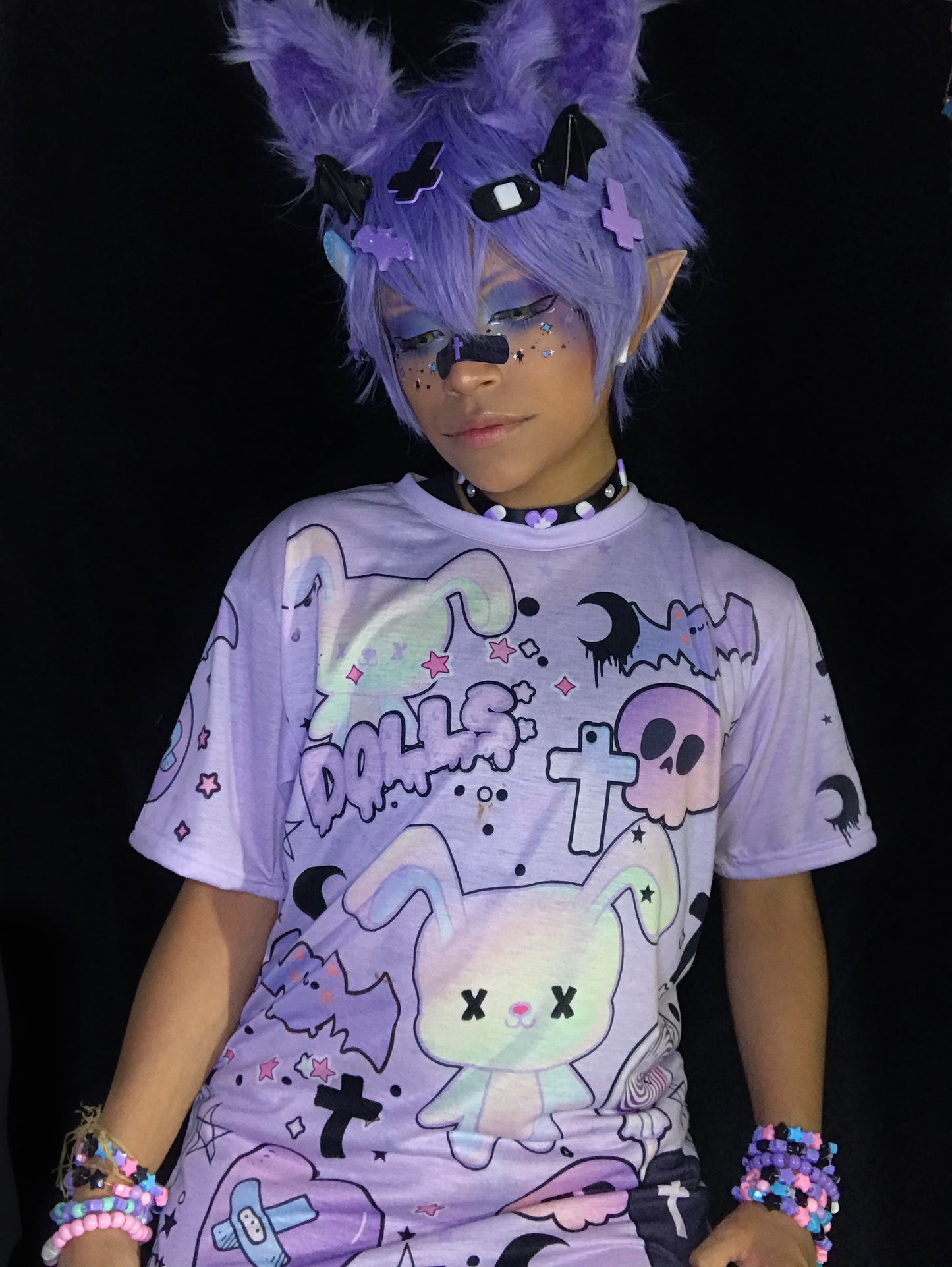 Youth model wearing a kawaii pastel goth t-shirt