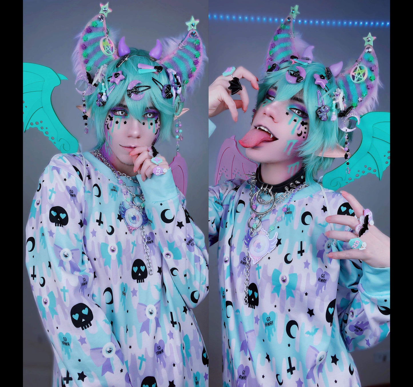 pastel goth sweatshirt with cute creepy skull bow design displayed on pastel background