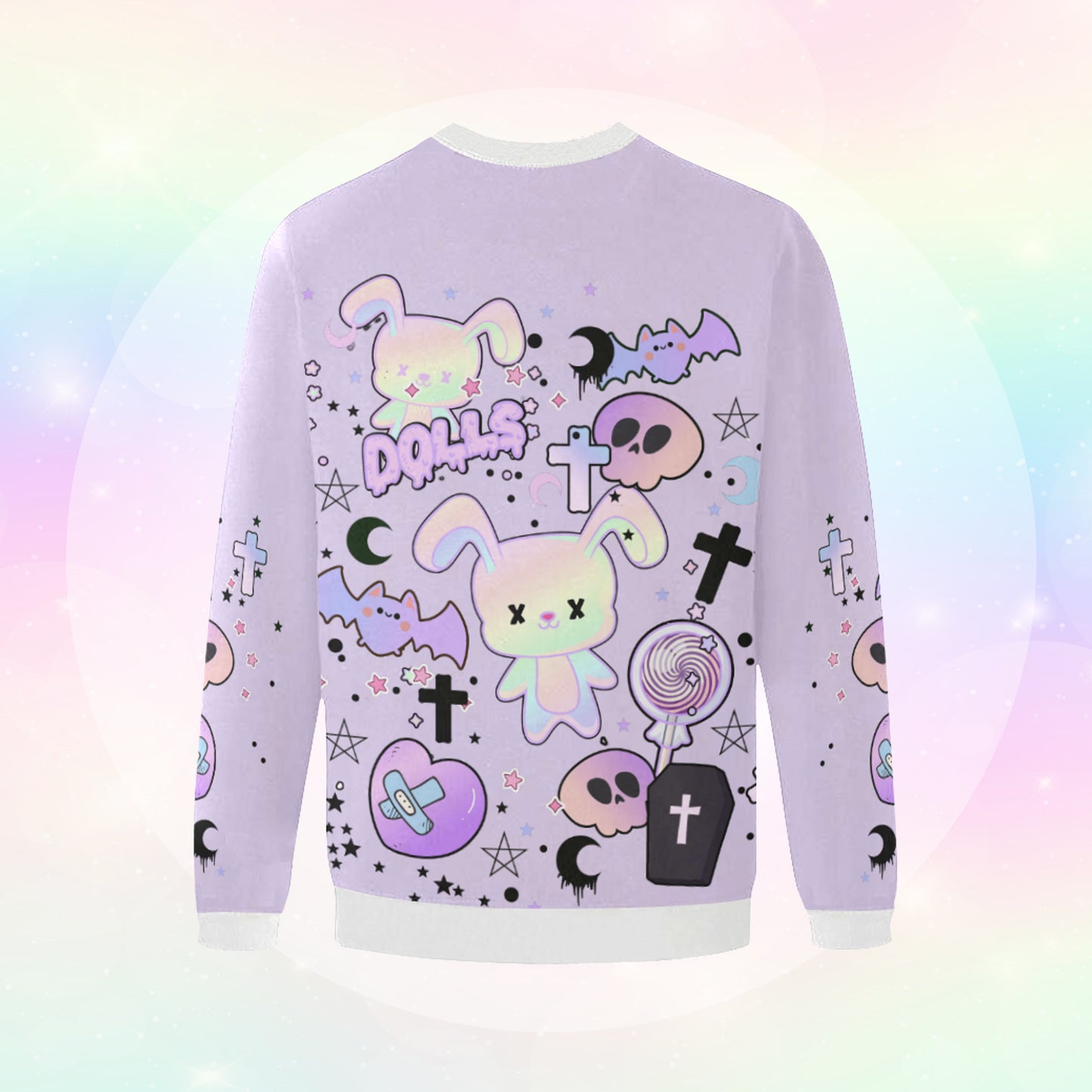 pastel goth sweatshirt with cute creepy skull bunny design displayed on pastel background.