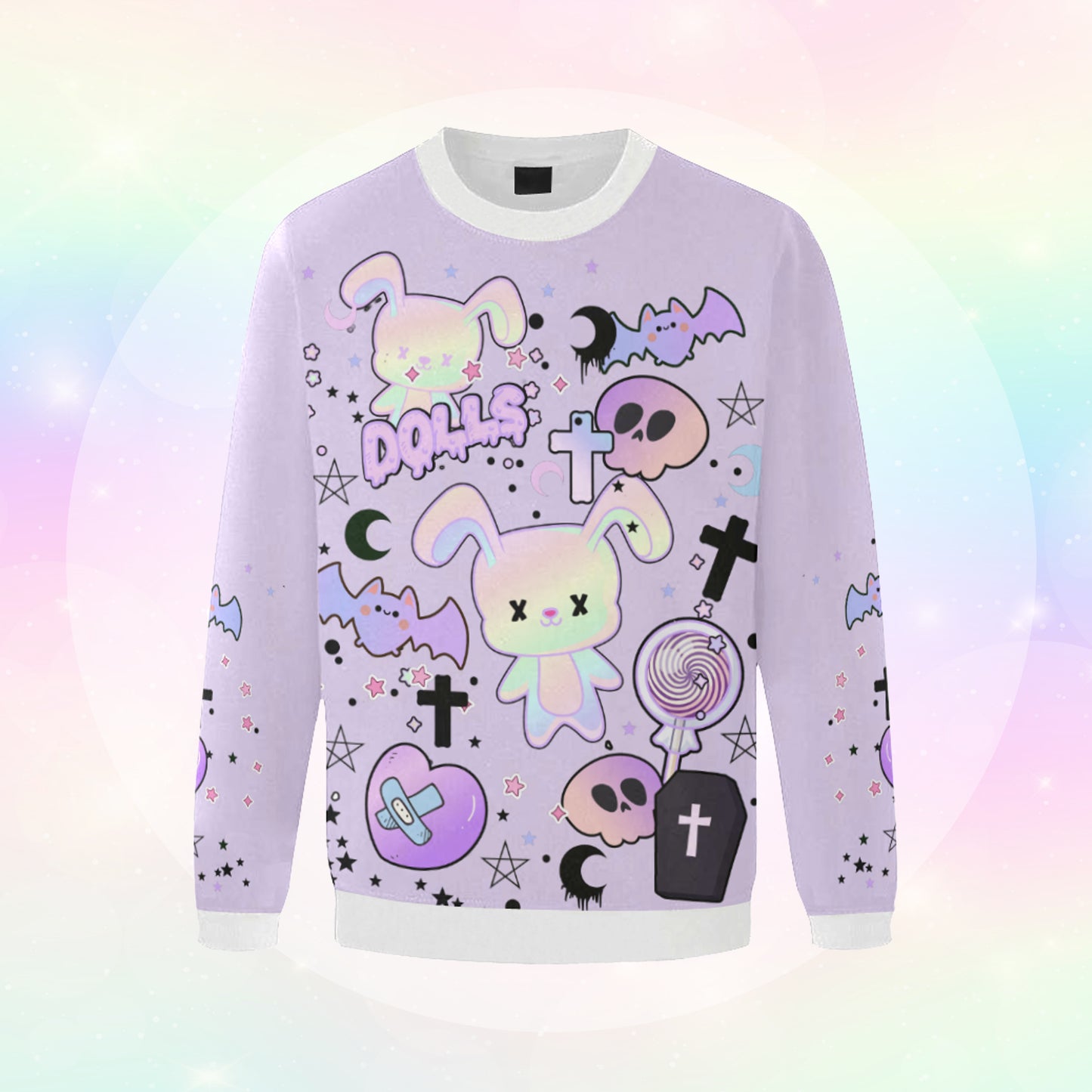 pastel goth sweatshirt with cute creepy skull bunny design displayed on pastel background.