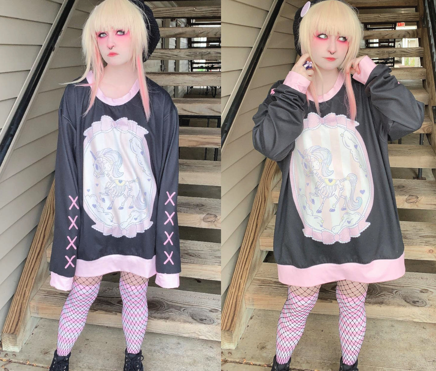 model wearing a pastel goth yami kawaii unicorn skeleton oversized sweatshirt