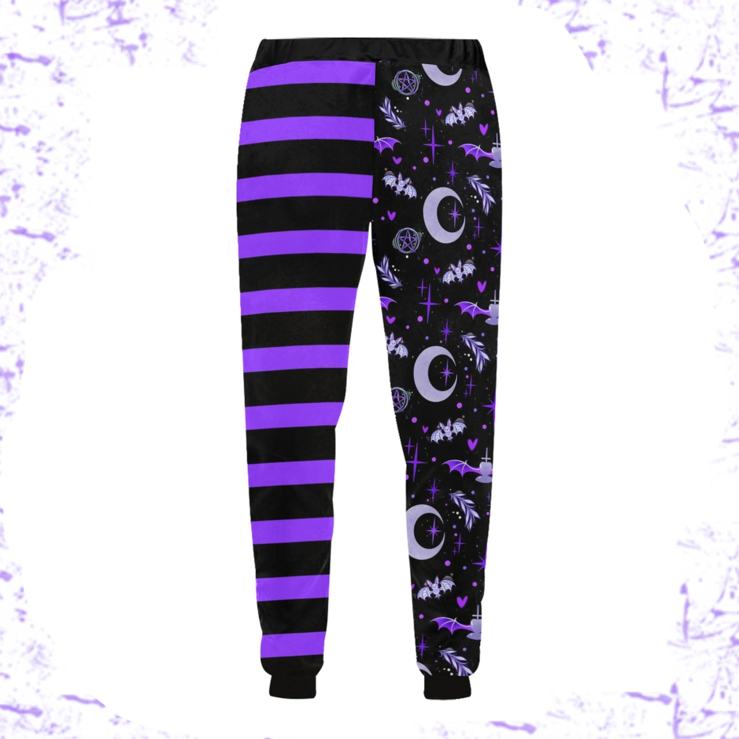 pastel goth joggers with black and purple colors and creepy cute bat and moon desing