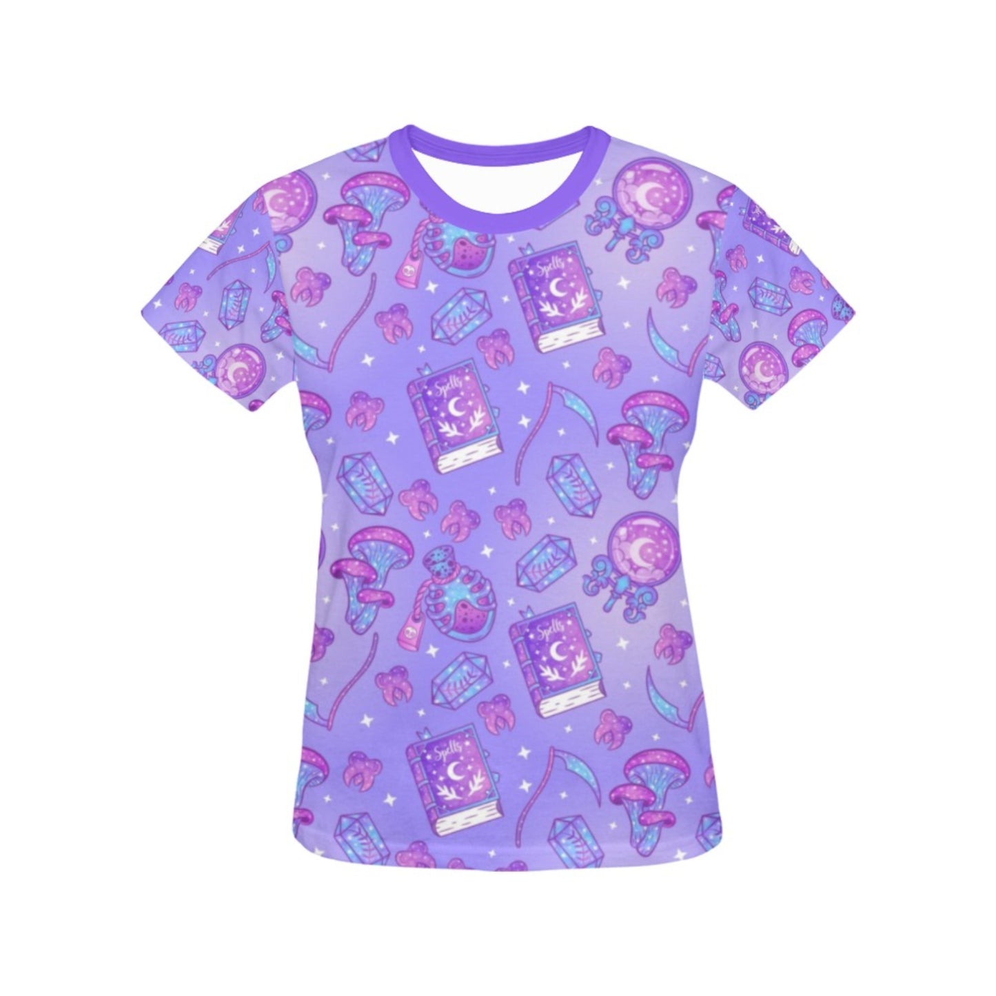 Purple pastel goth t-shirt with spell book displayed on a white background.