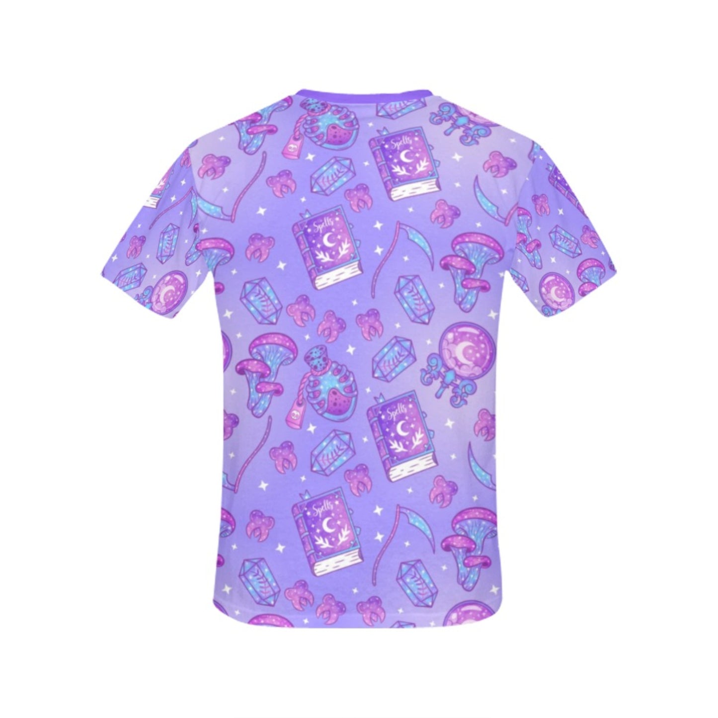 Back of Purple pastel goth t-shirt with spell book displayed on a white background.