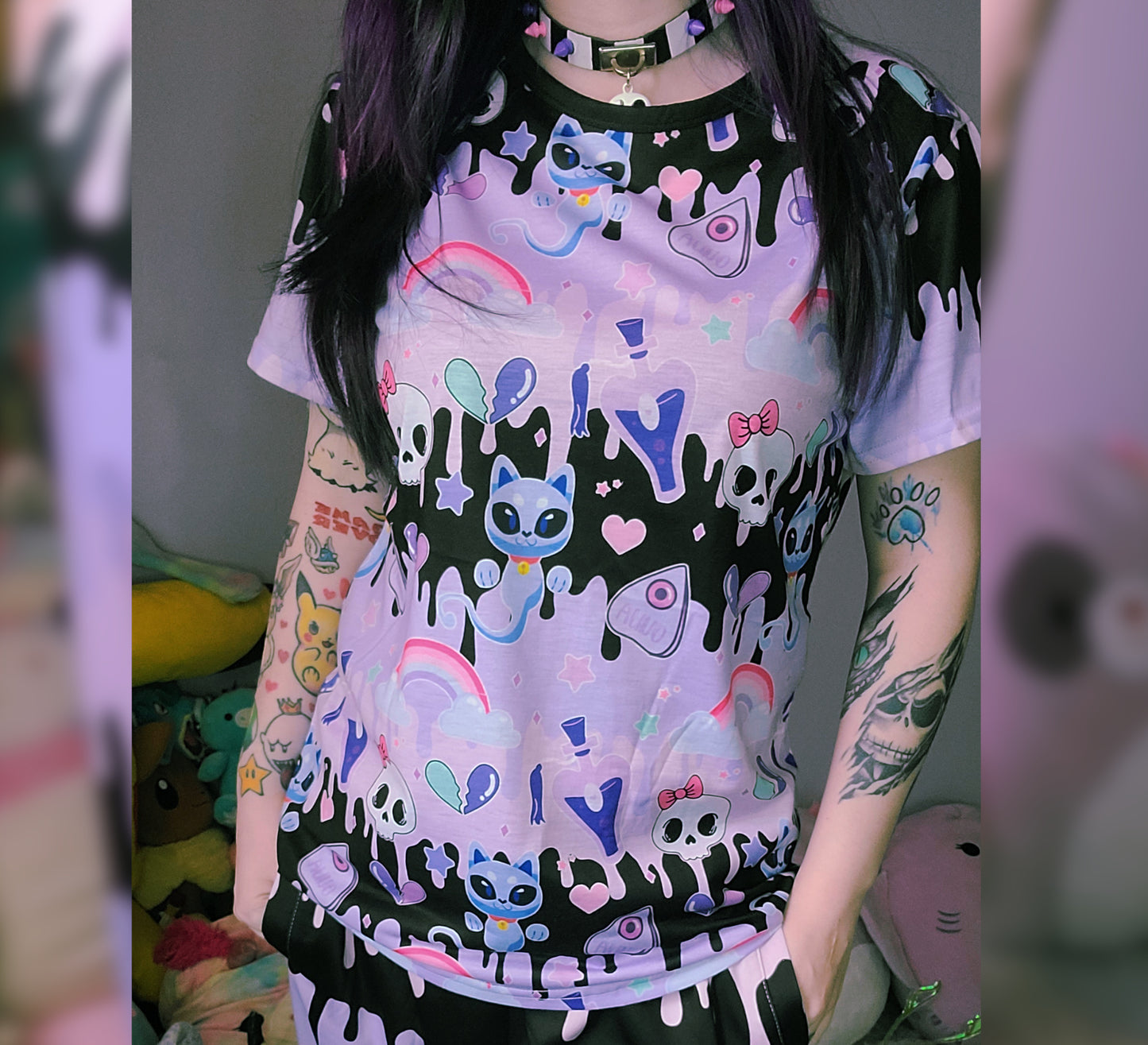 model wearing a pastel goth t-shirt with skull design