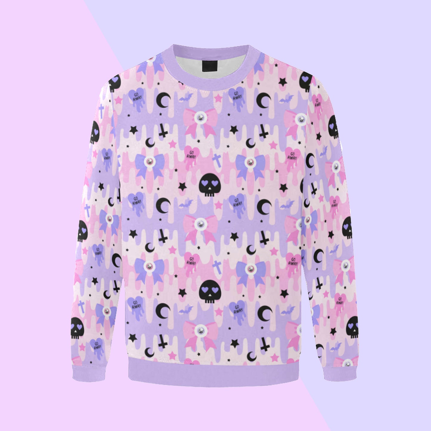 Pink , black and purple kawaii pastel goth sweatshirt displayed on purple background