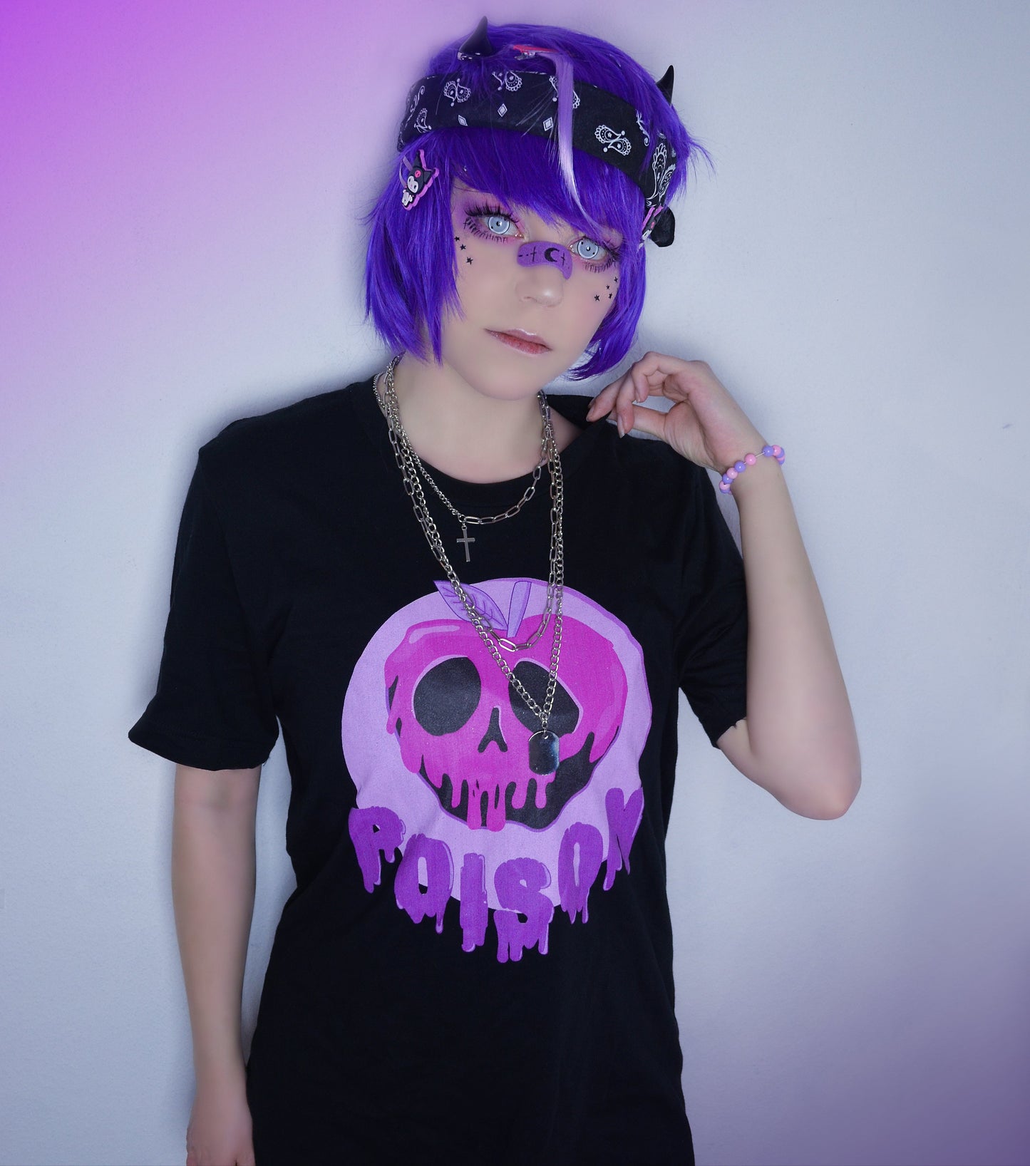 Youth model wearing a kawaii pastel goth shirt