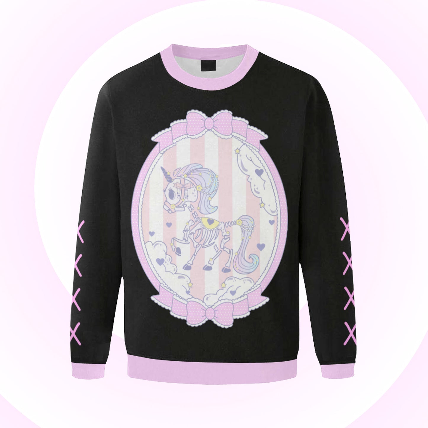 pastel goth yami kawaii unicorn skeleton oversized sweatshirt displayed on a pastel background.