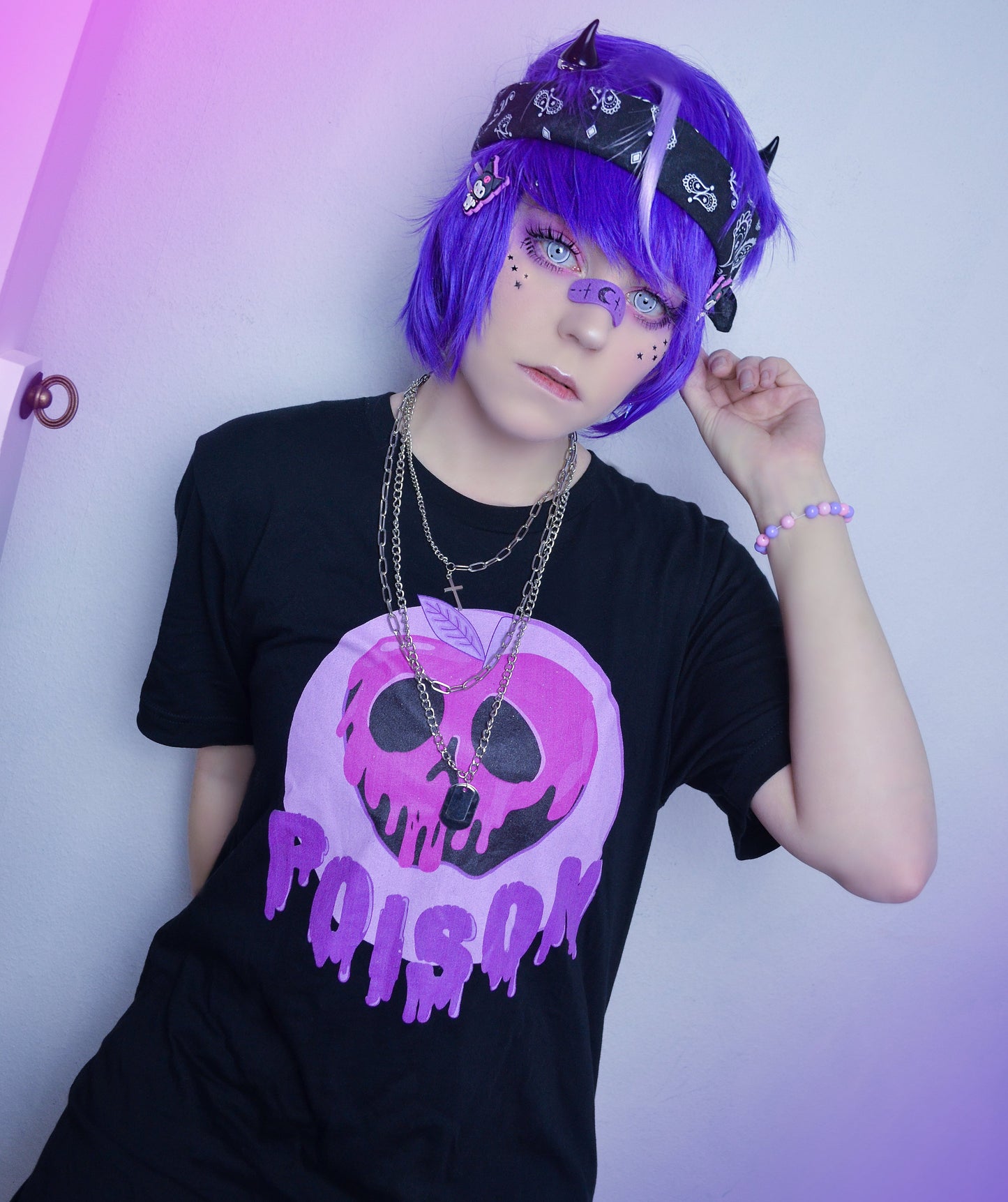 Youth model wearing a kawaii pastel goth shirt