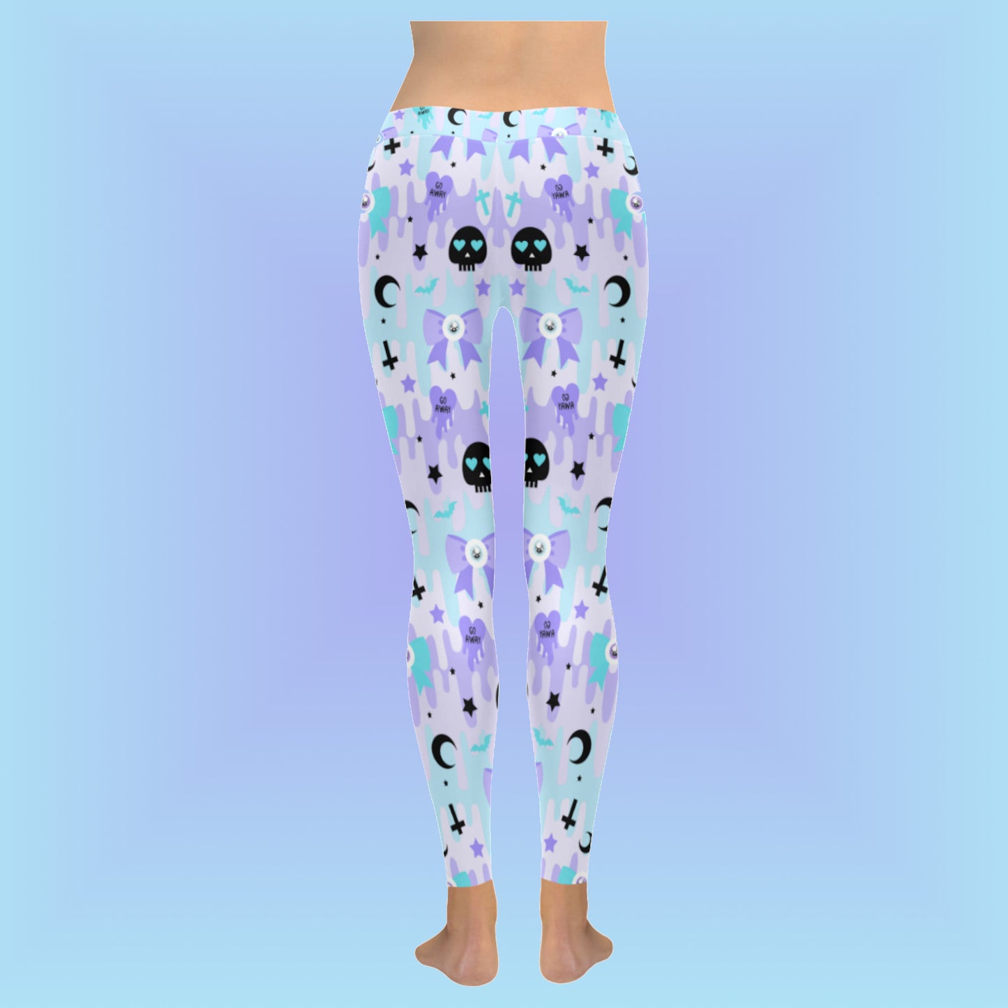 Youth model wearing pastel goth kawaii cute creepy leggings