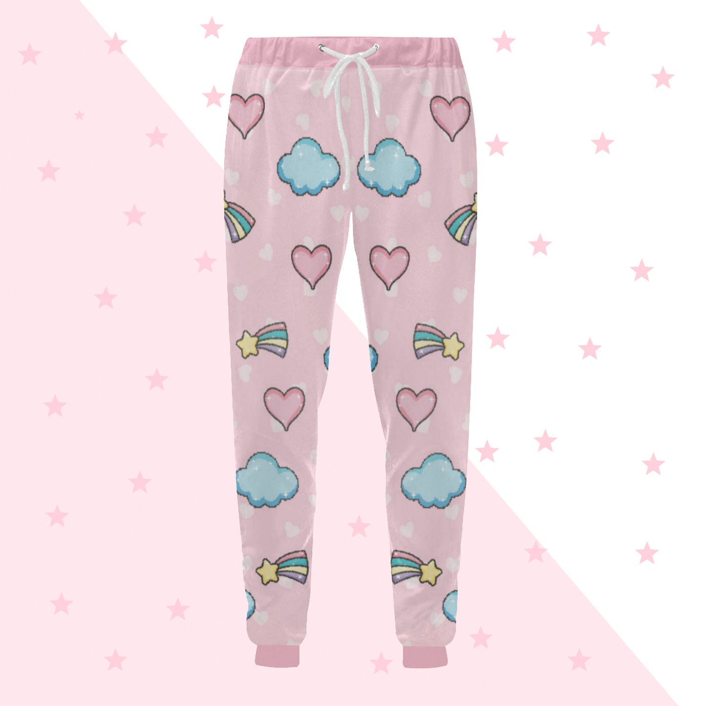 pink pastel kawaii joggers displayed on coloured background.