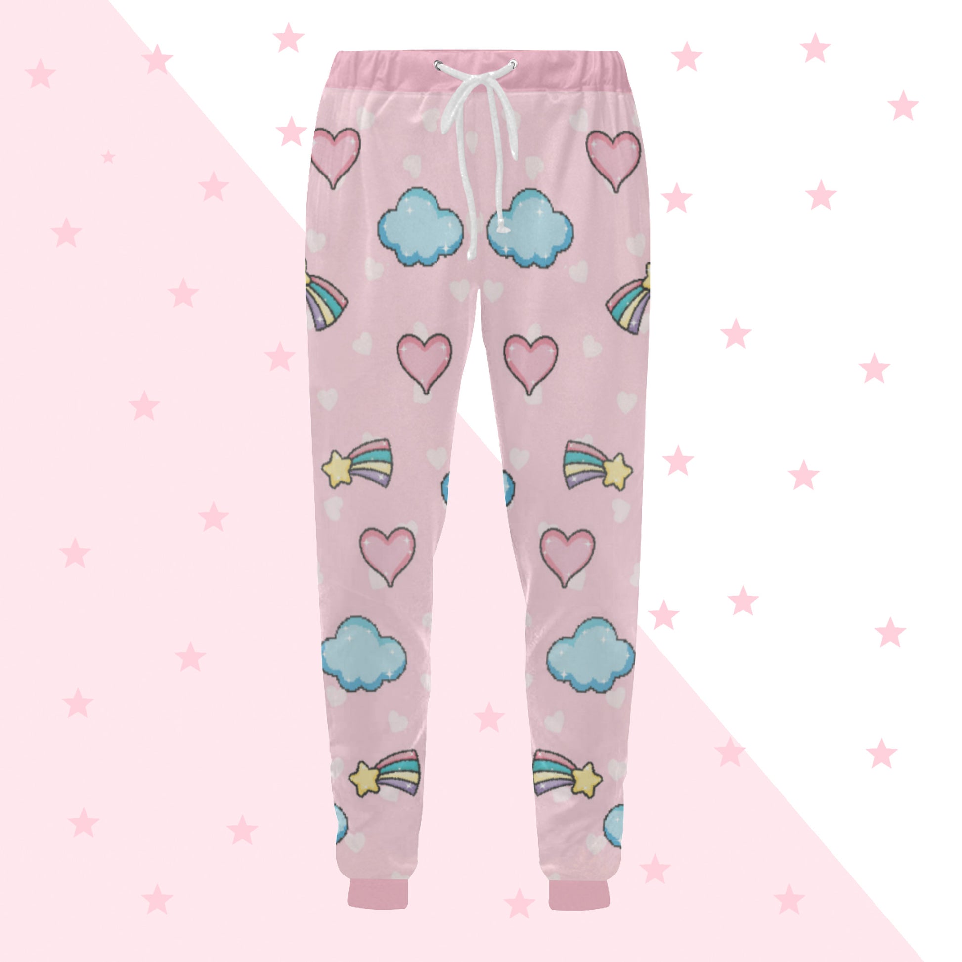pink pastel kawaii joggers displayed on coloured background.