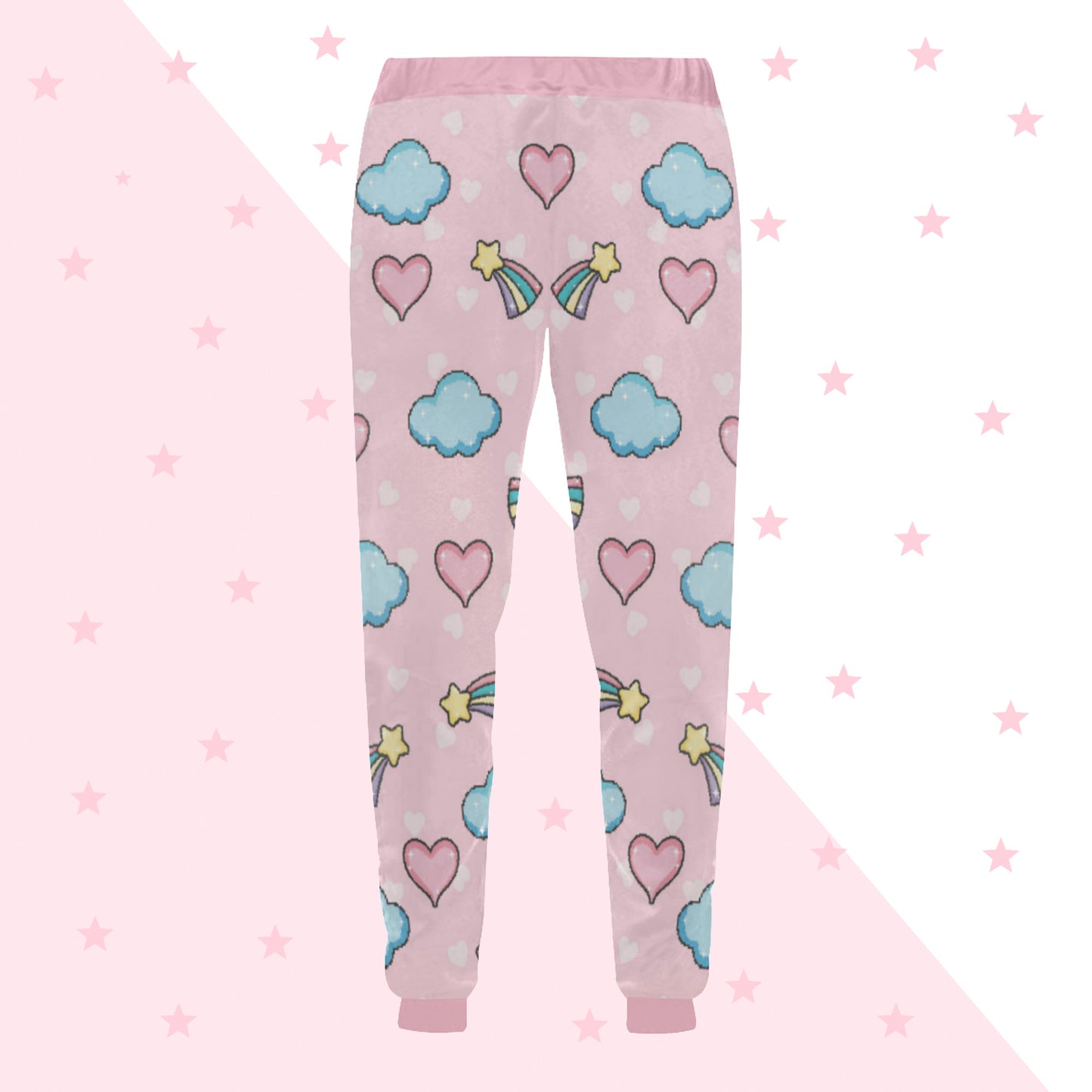 pink pastel kawaii joggers displayed on coloured background.