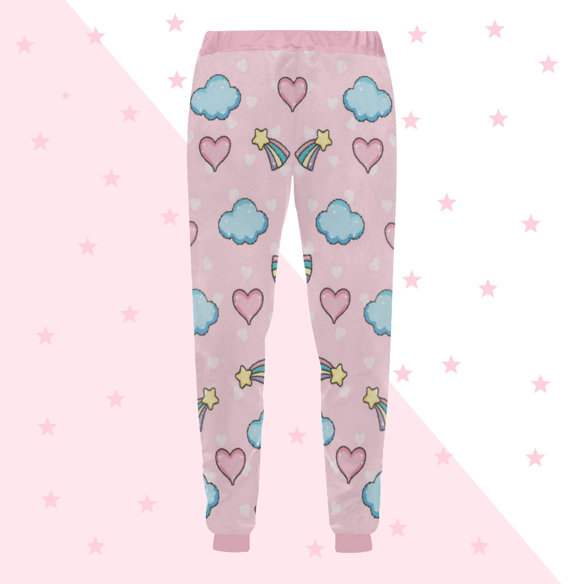 pink pastel kawaii joggers displayed on coloured background.