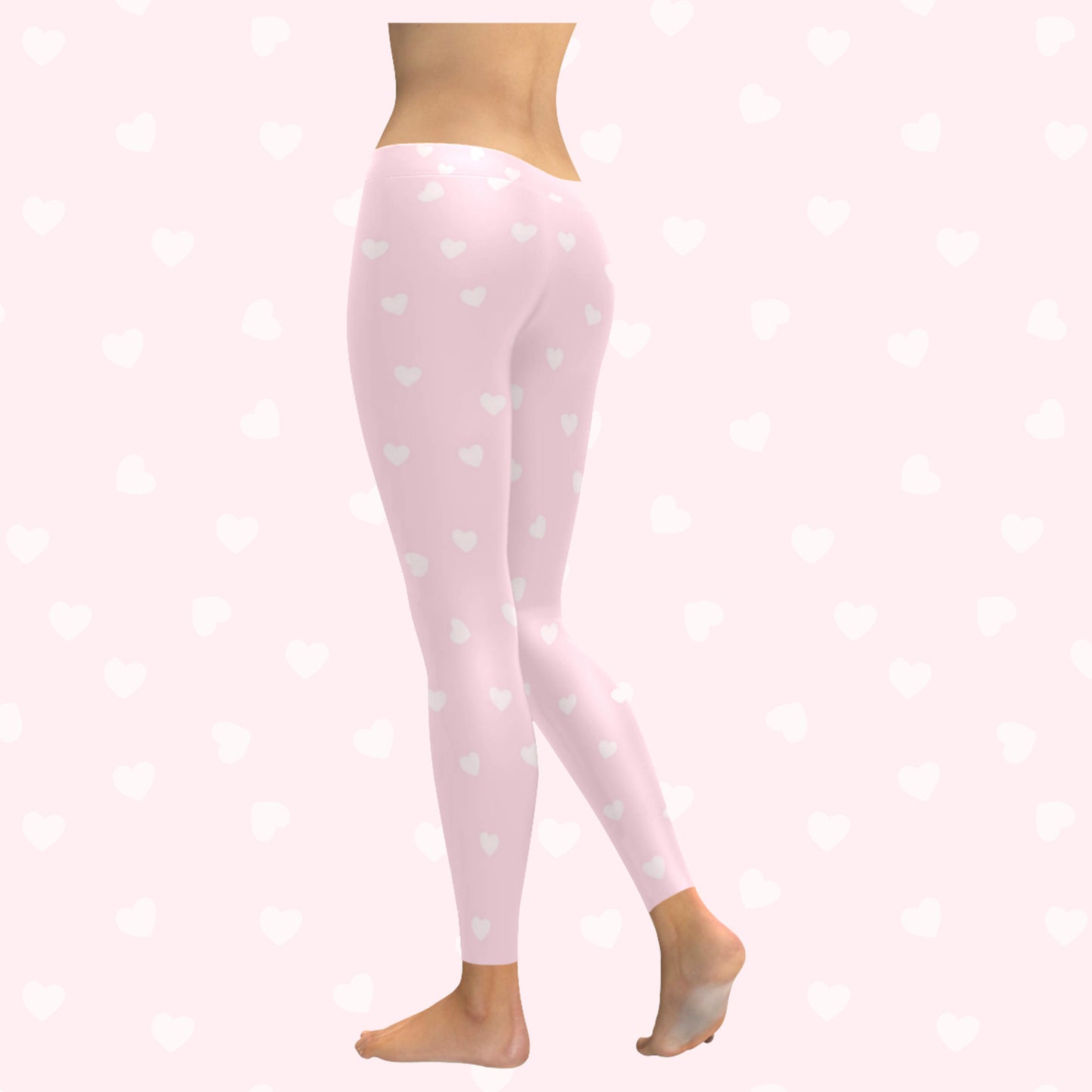 model wearing pink heart yume kawaii leggings on pink heart background