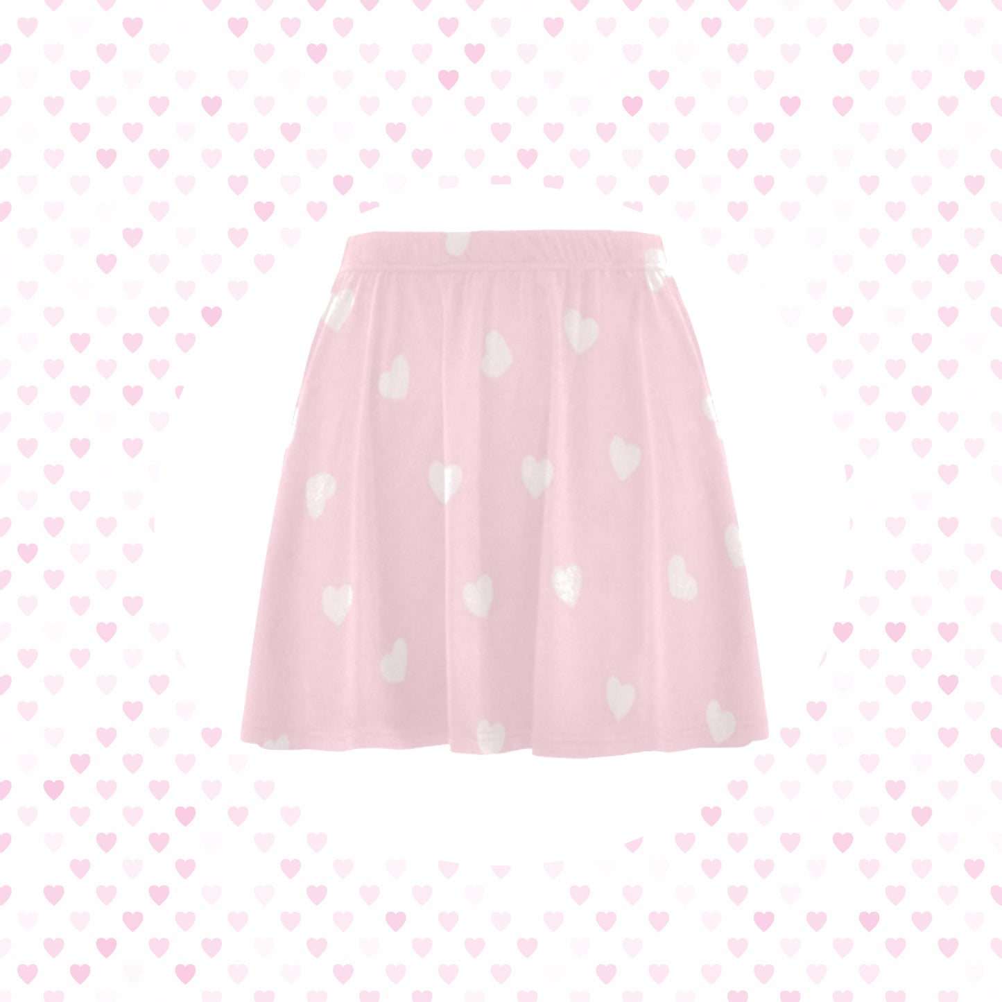 Pink kawaii skater skirt displayed on love-heart background