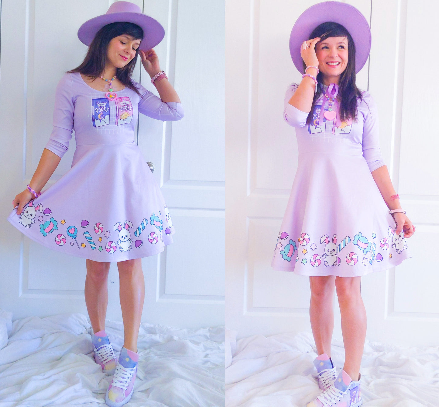 young model wearing a cute purple kawaii dress and a purple hat