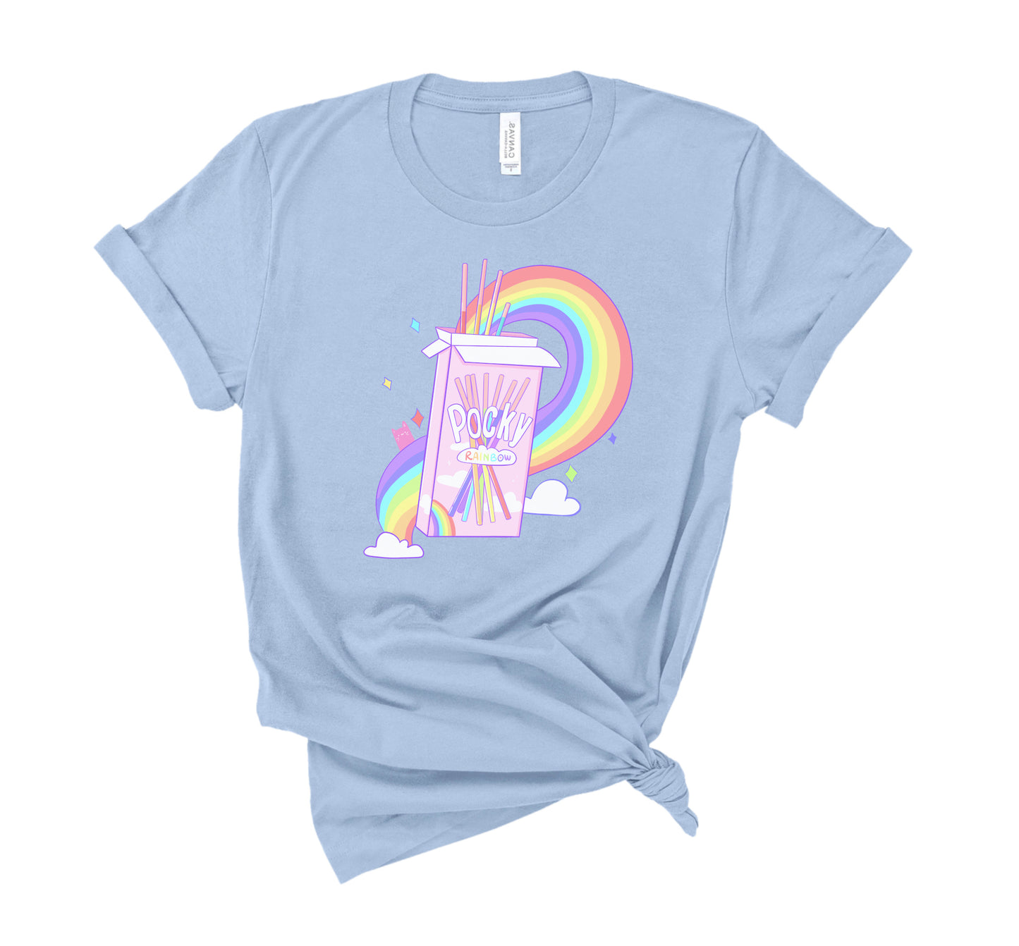 Blue pastel kawaii t-shirt displayed on clean white background.