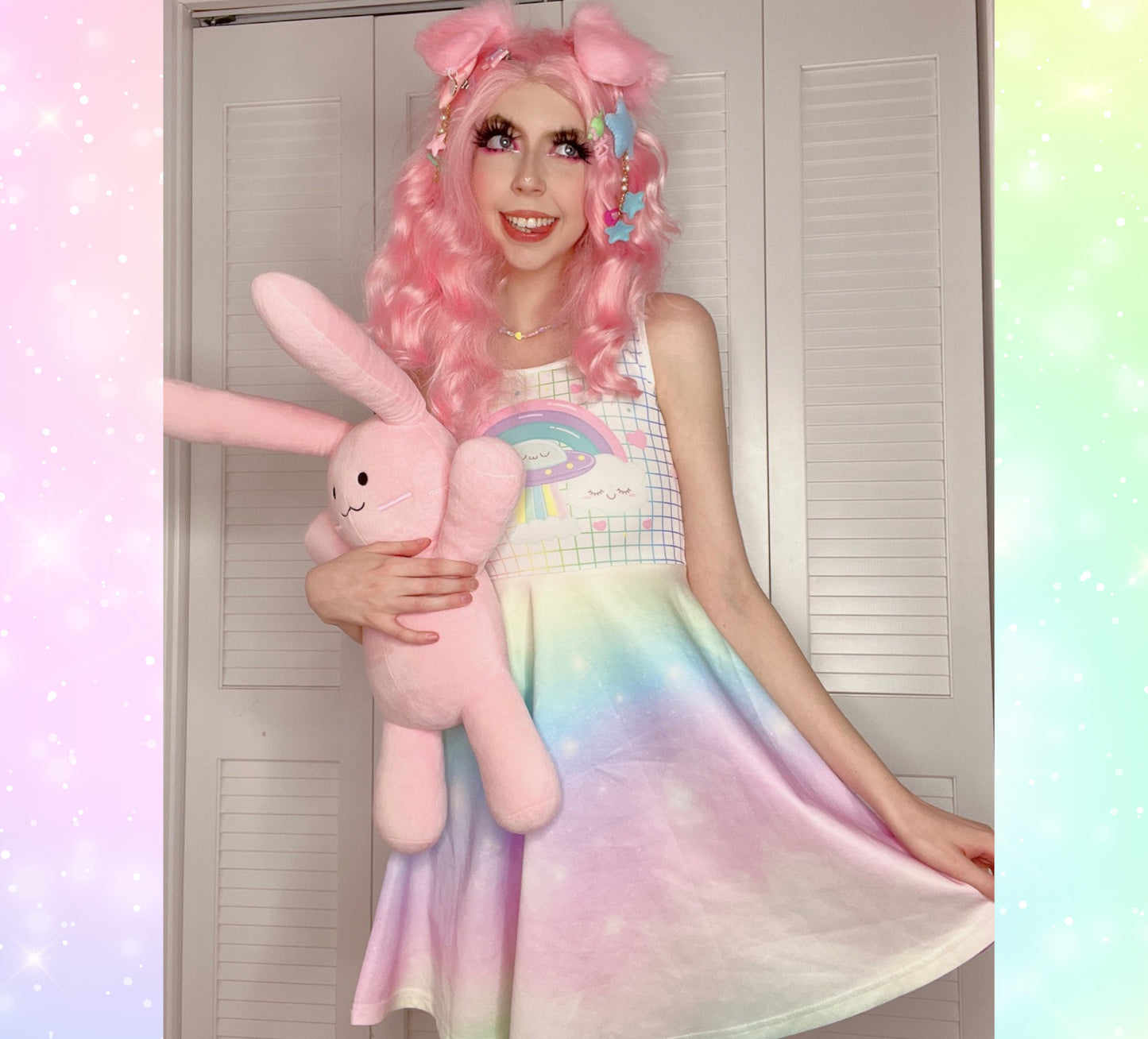 young model wearing a cute alien rainbow kawaii dress