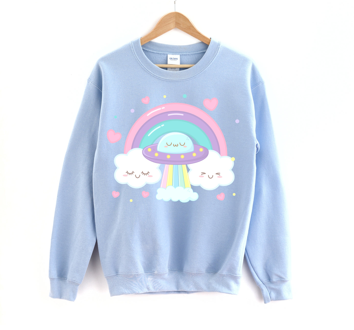 Blue kawaii sweatshirt displayed on clean white background.