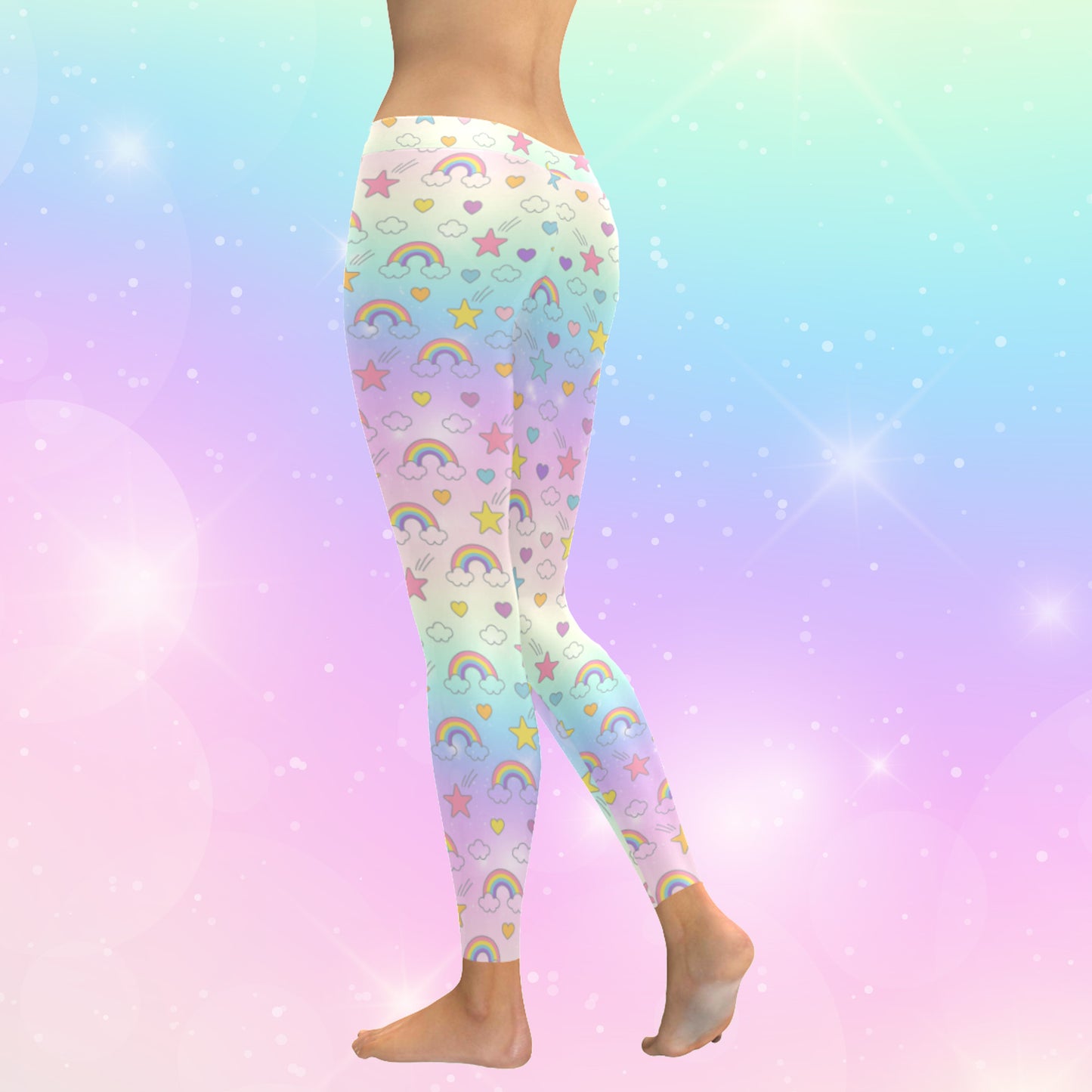 model wearing cute rainbow stars kawaii leggings on pink and blue background