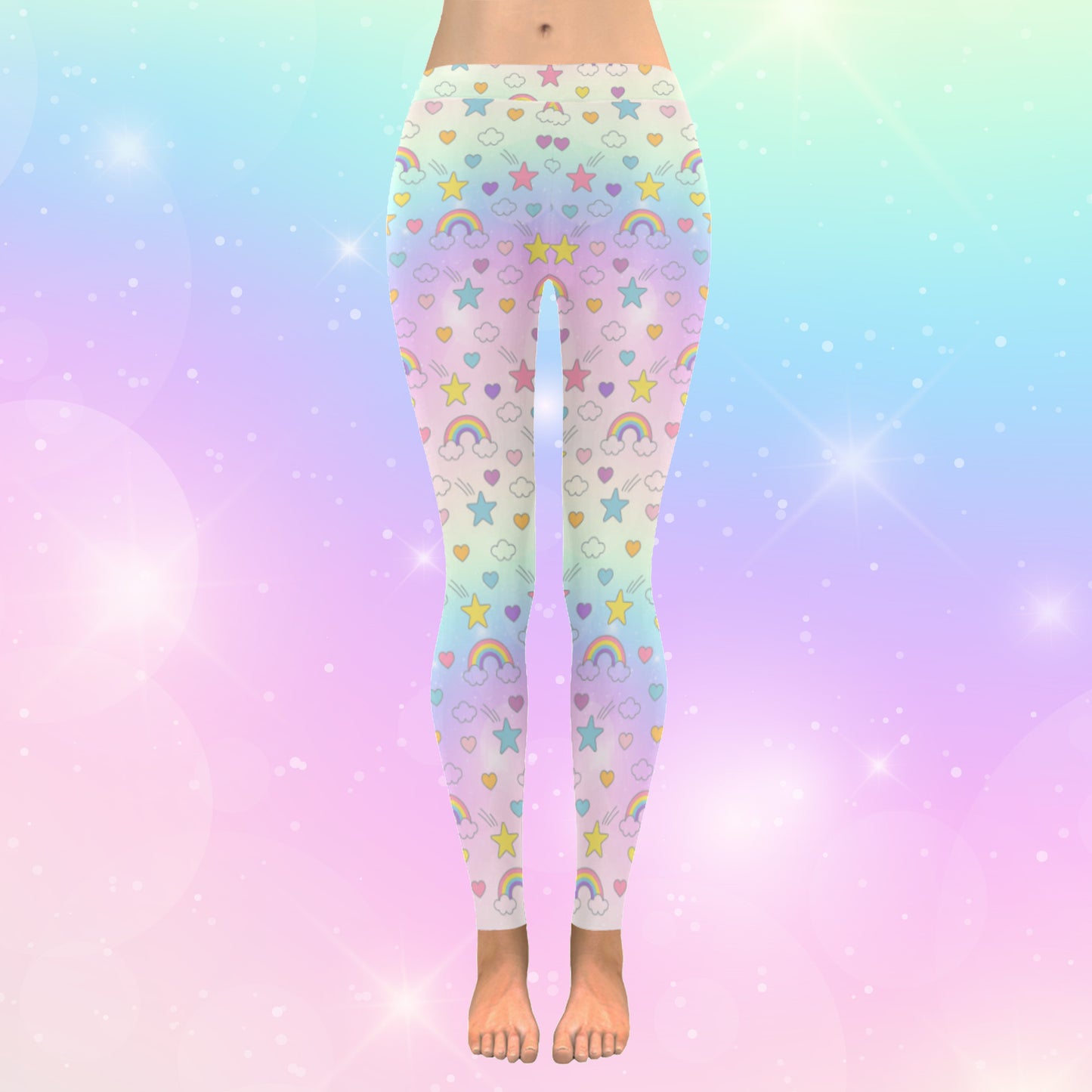 model wearing cute rainbow stars kawaii leggings on pink and blue background