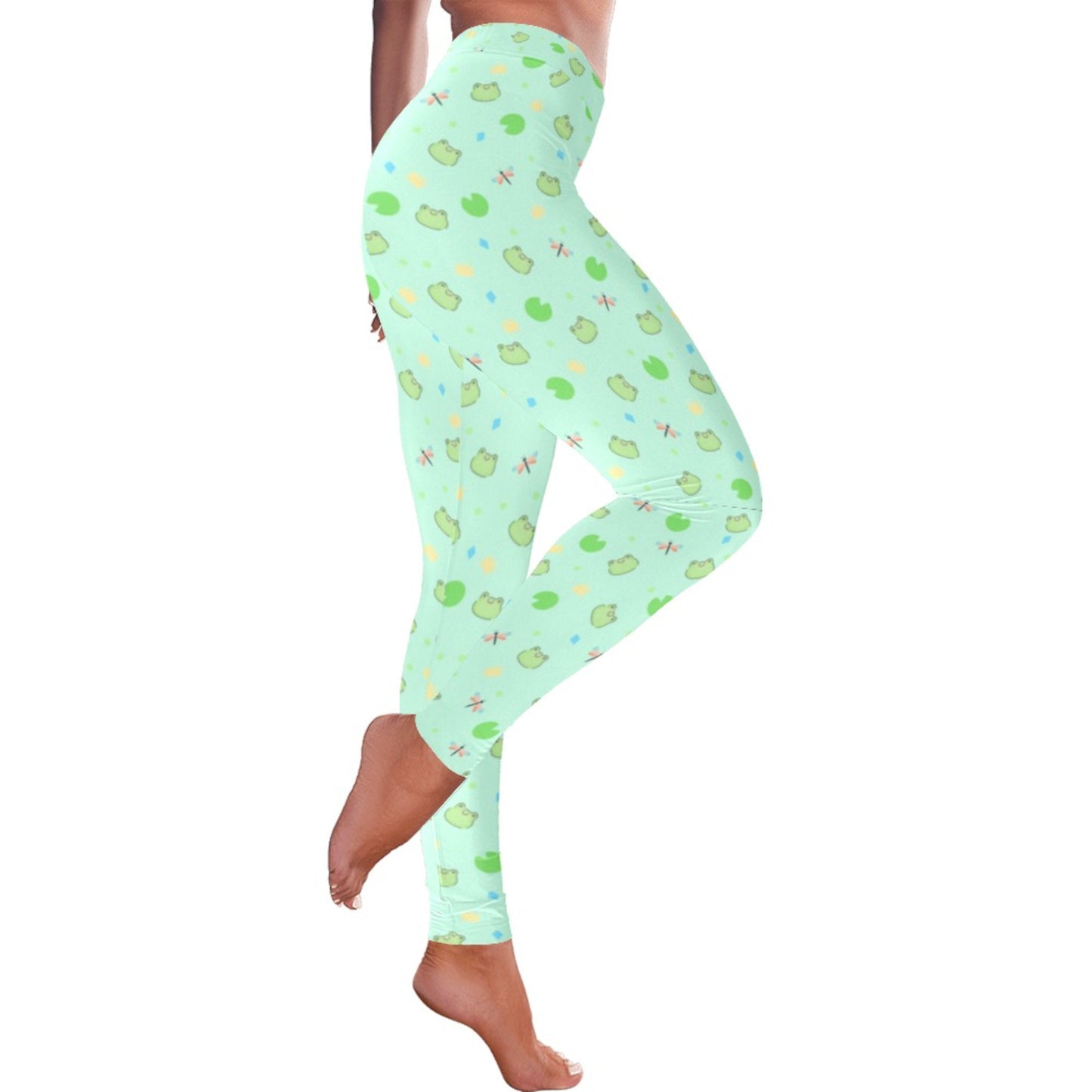 girl modeling Fairy Kei Pastel Mint Frog Leggings on clean white background