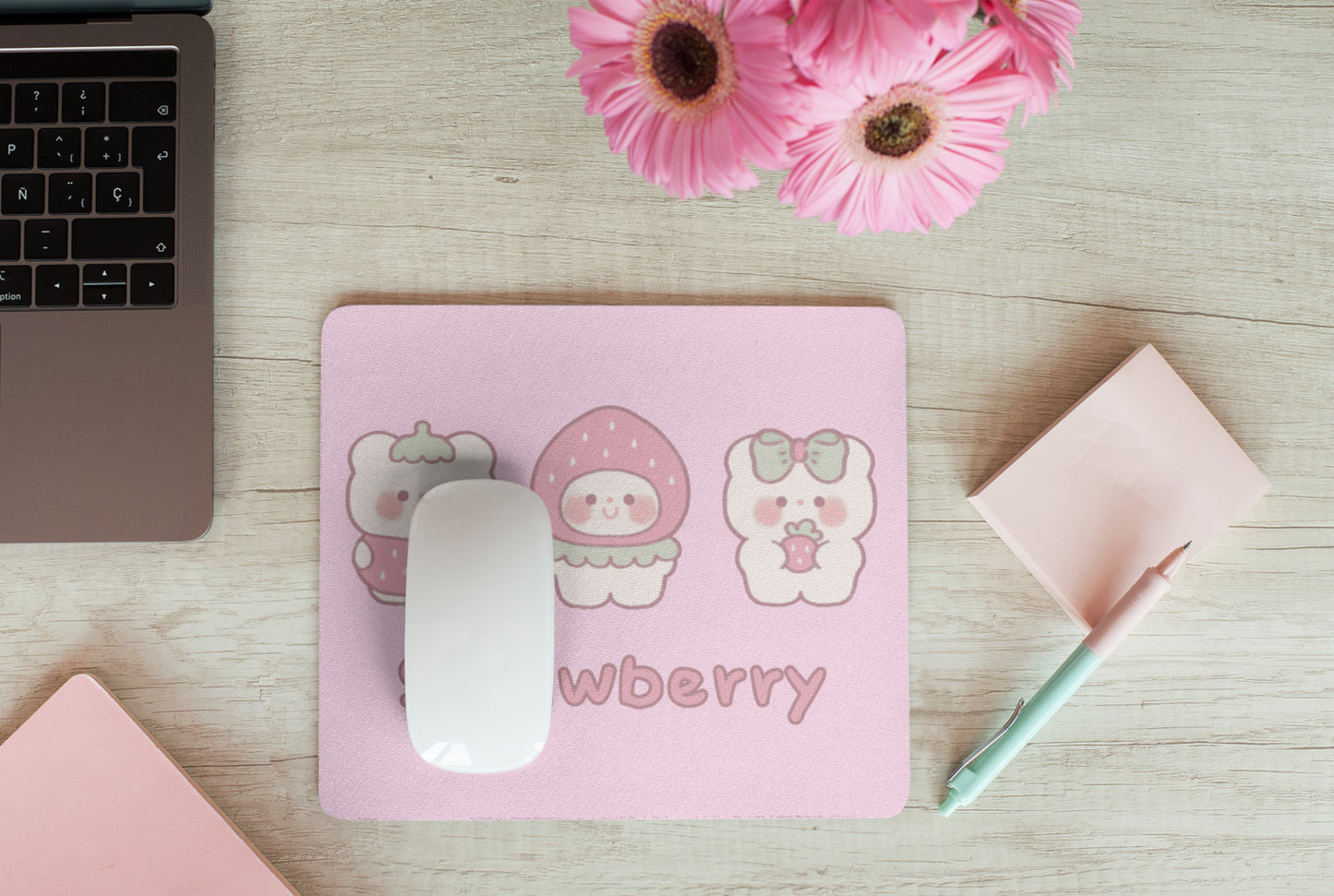 Pastel kawaii desk mat with charming motifs and cozy aesthetic