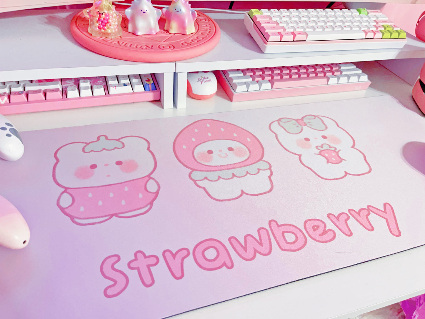 Pastel kawaii desk mat with charming motifs and cozy aesthetic