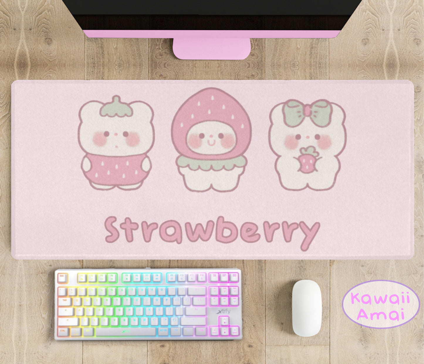 Pastel kawaii desk mat with charming motifs and cozy aesthetic