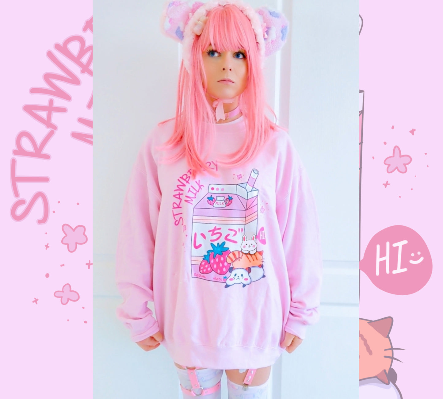 Cute girl modeling a kawaii aesthetic sweatshirt