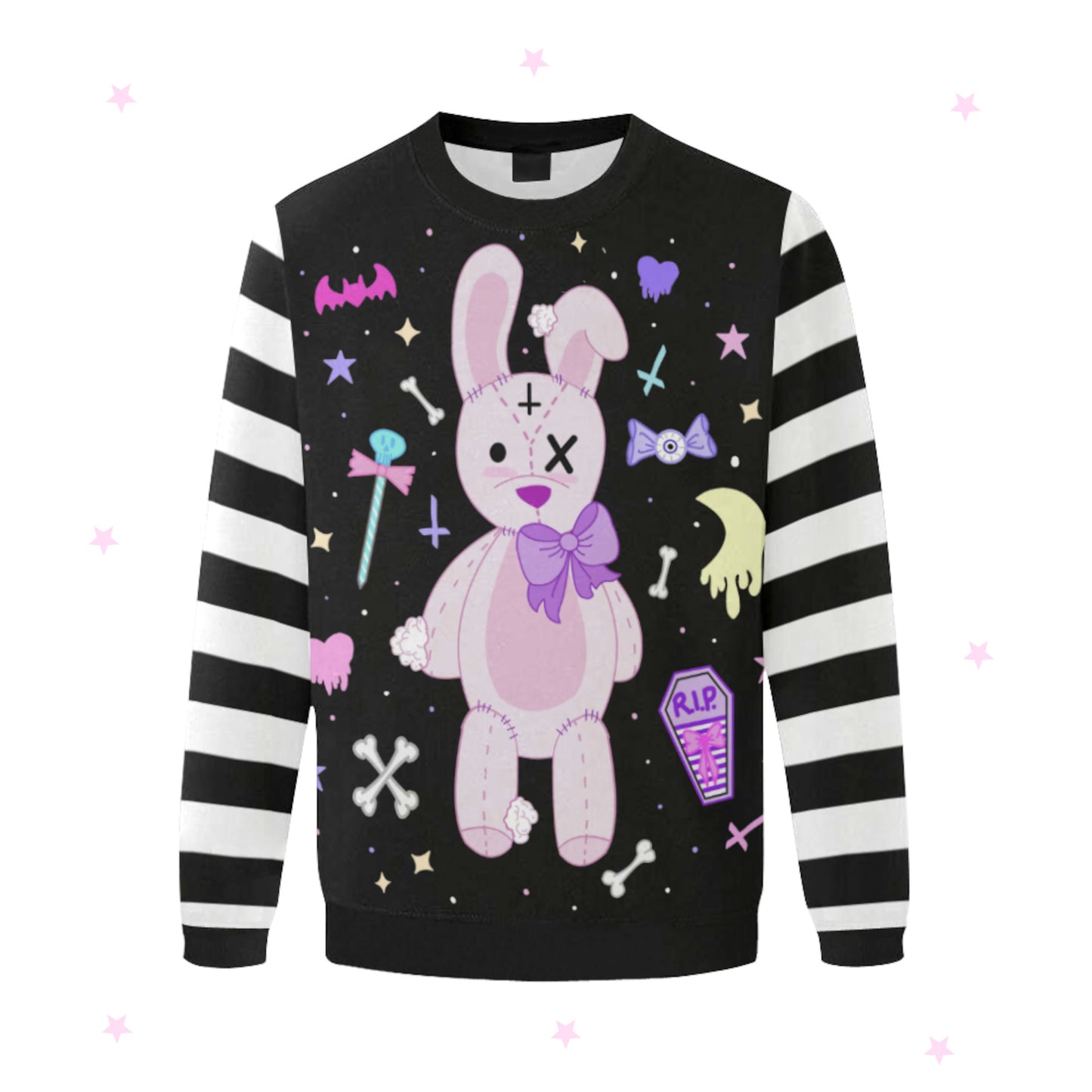 Pink and black kawaii goth sweatshirt displayed on white background.