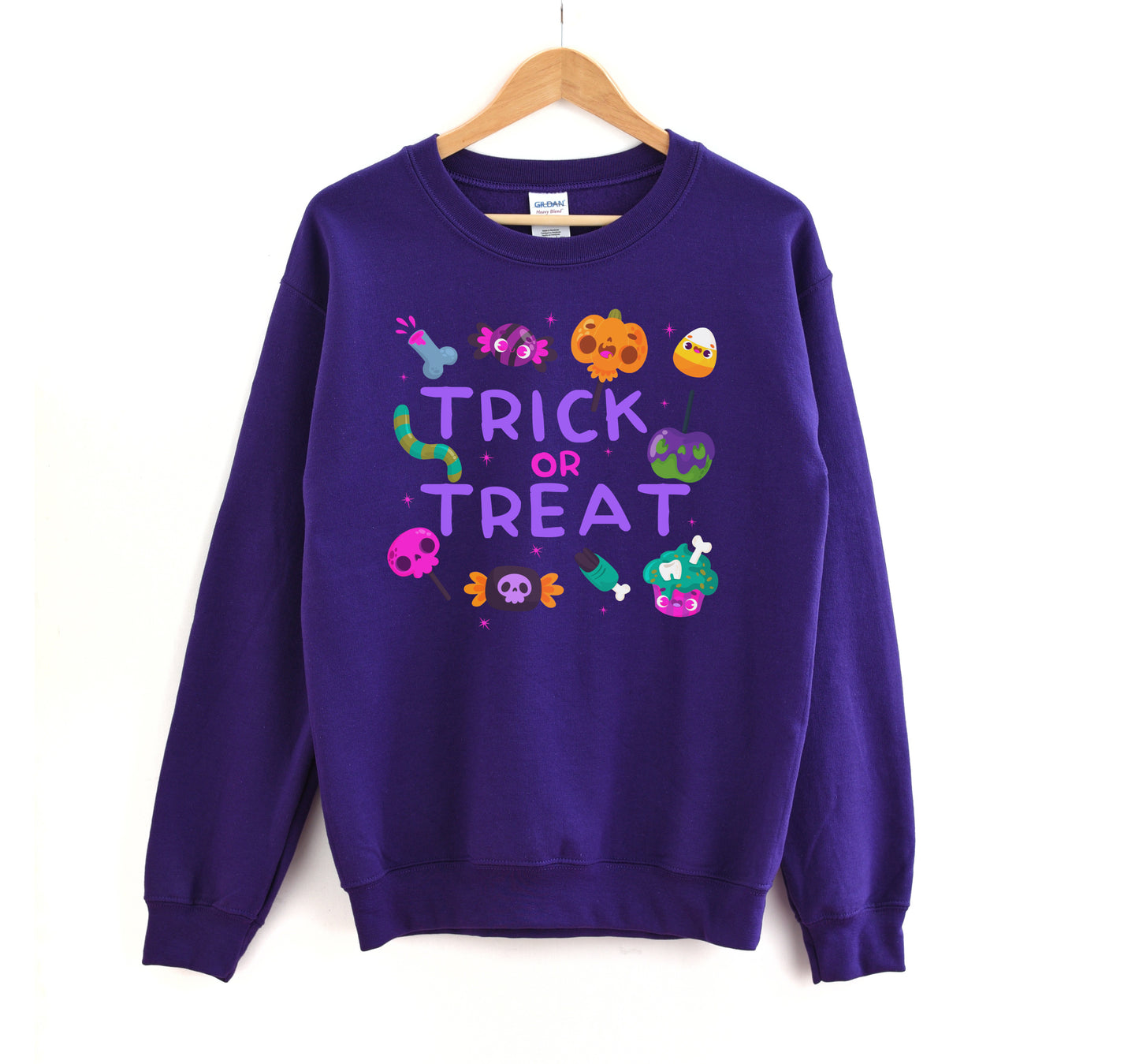 Purple Halloween Trick or Treat kawaii sweatshirt displayed on clean white background