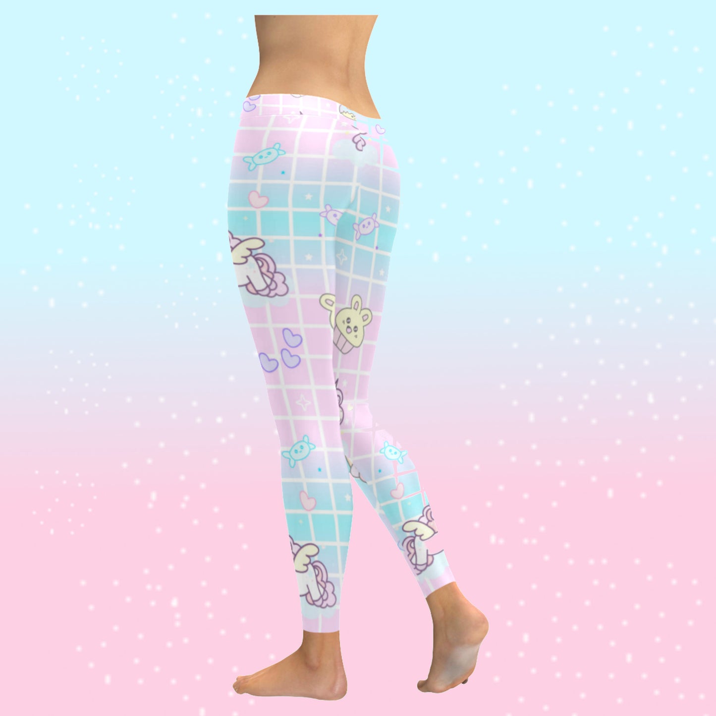 model wearing cute unicorn kawaii leggings on pink and blue background