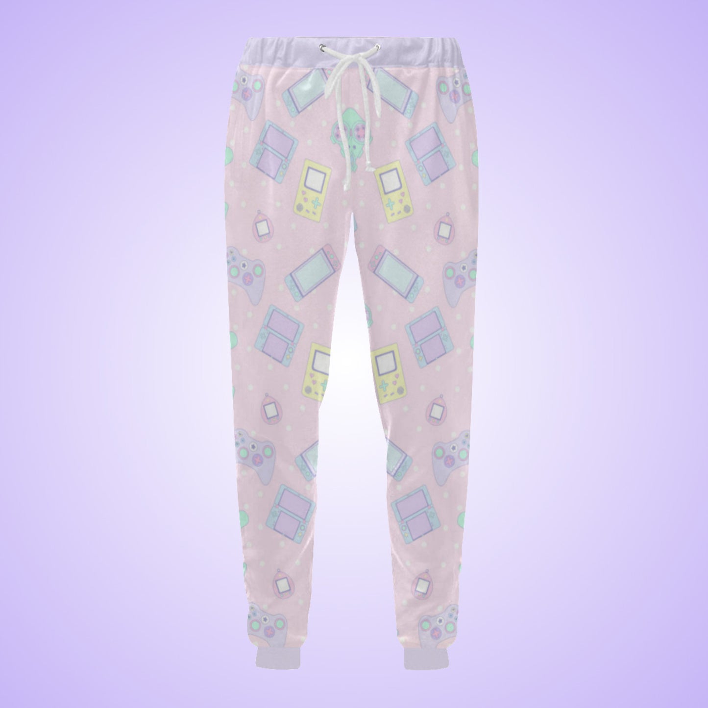 Yume Kawaii Fairy kei Video Game Jogger Pants displayed on pastel background.