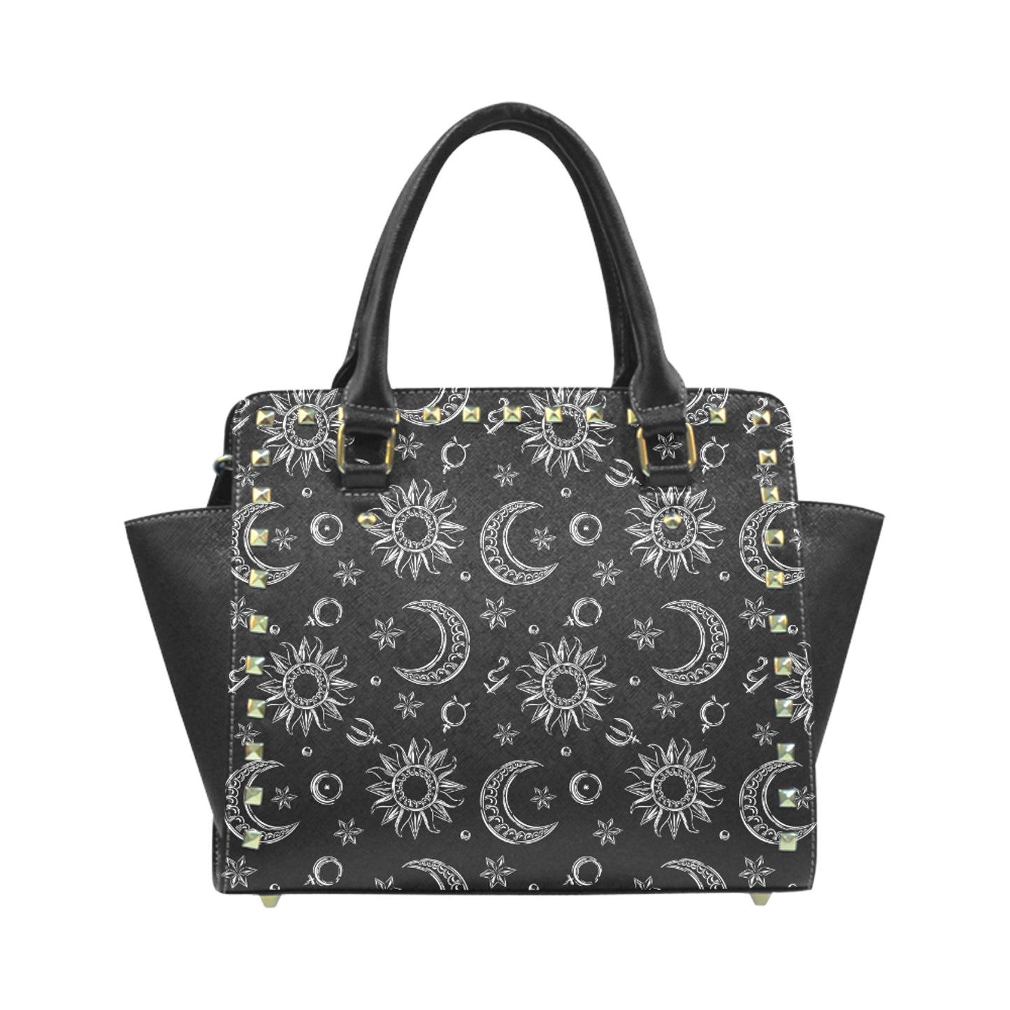 Black handbag with celestial pattern on a white background