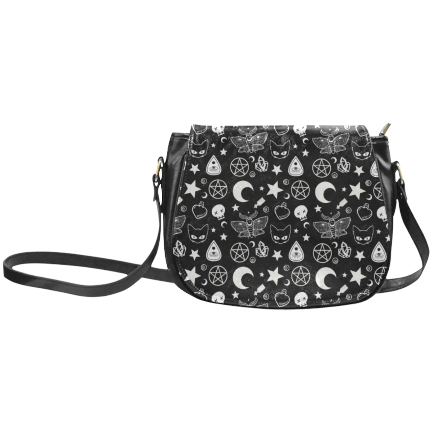 black saddle bag with witch pattern