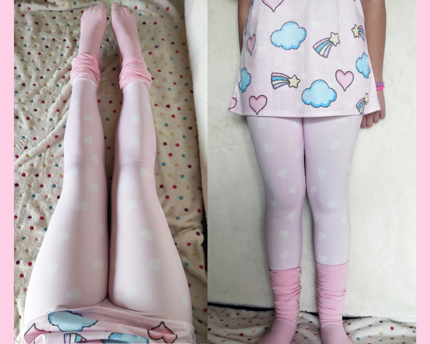 youthful model wearing pink heart yume kawaii leggings in pastel colours