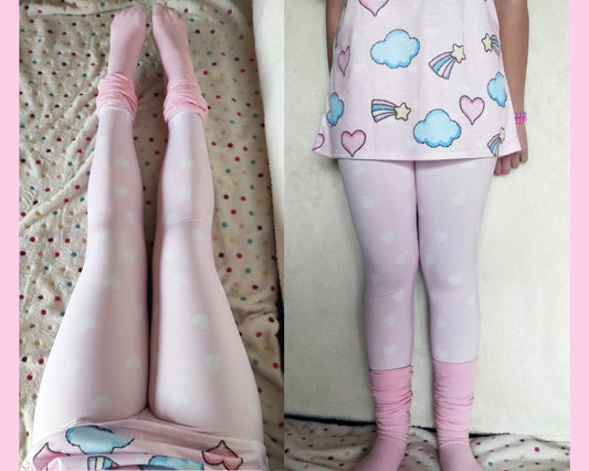 youthful model wearing pink heart yume kawaii leggings in pastel colours