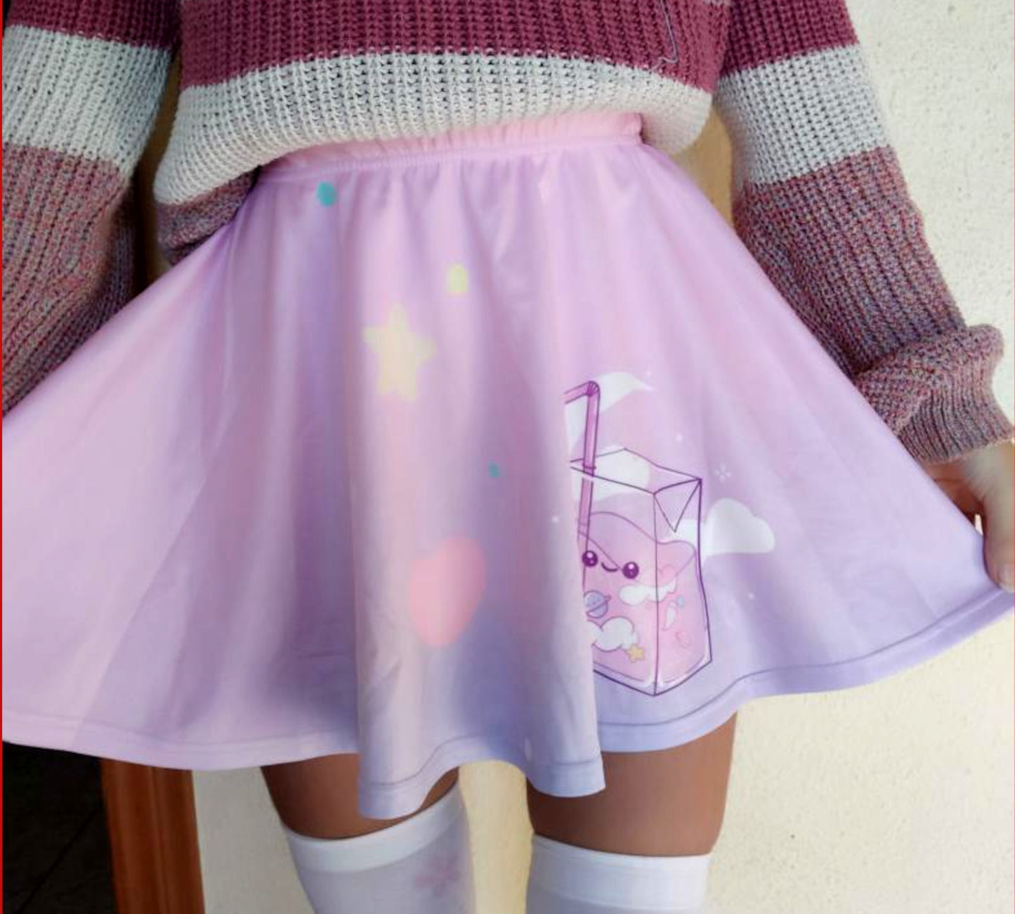 Youthful model wearing a cute kawaii skirt with pastel colours