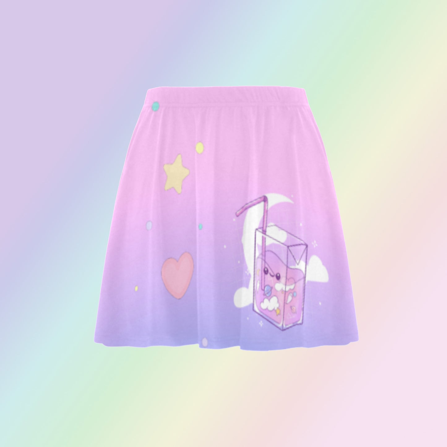 Pink and purple pastel kawaii skater skirt displayed on coloured background.