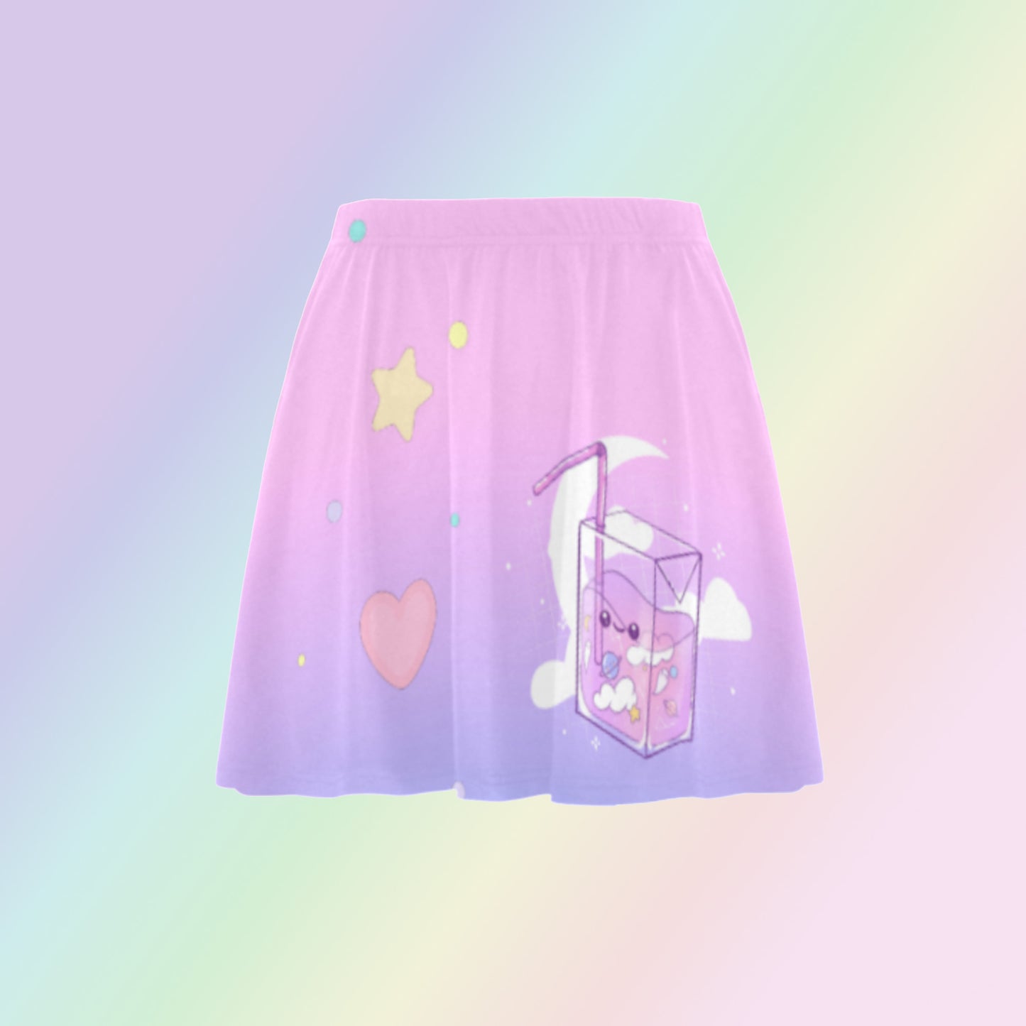 Pink and purple pastel kawaii skater skirt displayed on coloured background.
