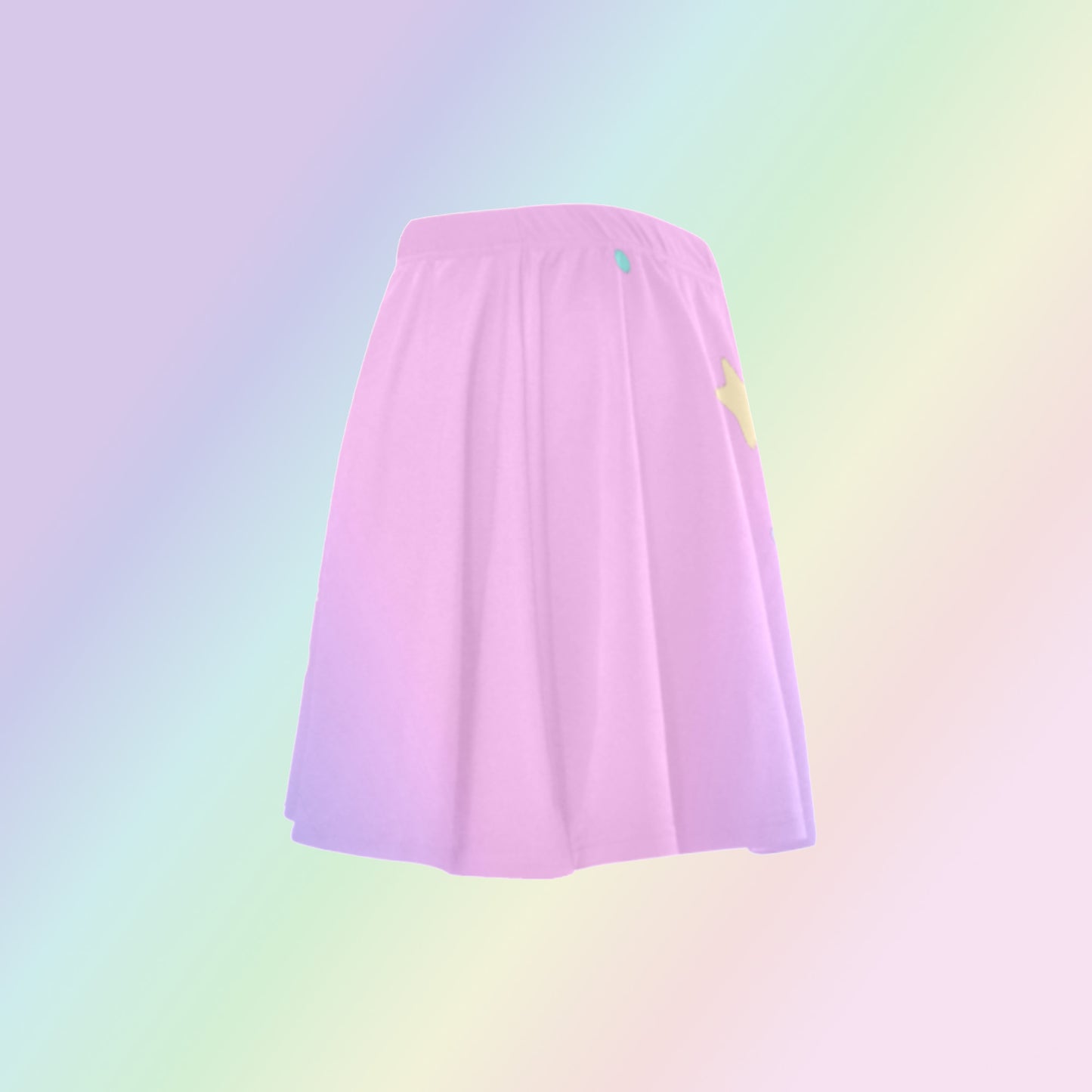 Pink and purple pastel kawaii skater skirt displayed on coloured background.